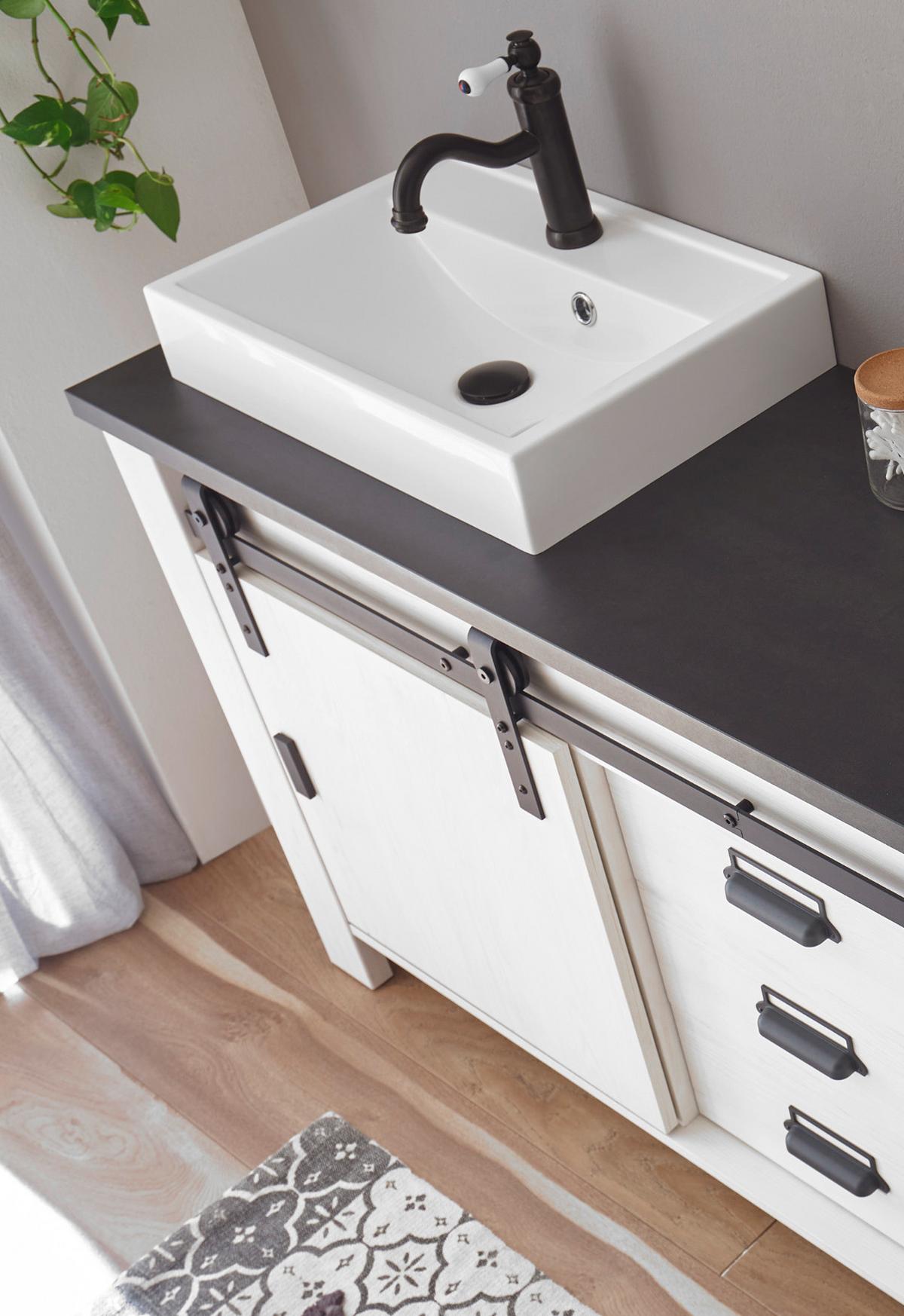 BADMÖBEL-SET 5-teilig weiß Pinie, anthrazit Landhaus, Badkombination mit Waschbecken und Spiegellampe - Anthrazit/Weiß, Holzwerkstoff/Metall (208/210/43cm) - Furn.Design