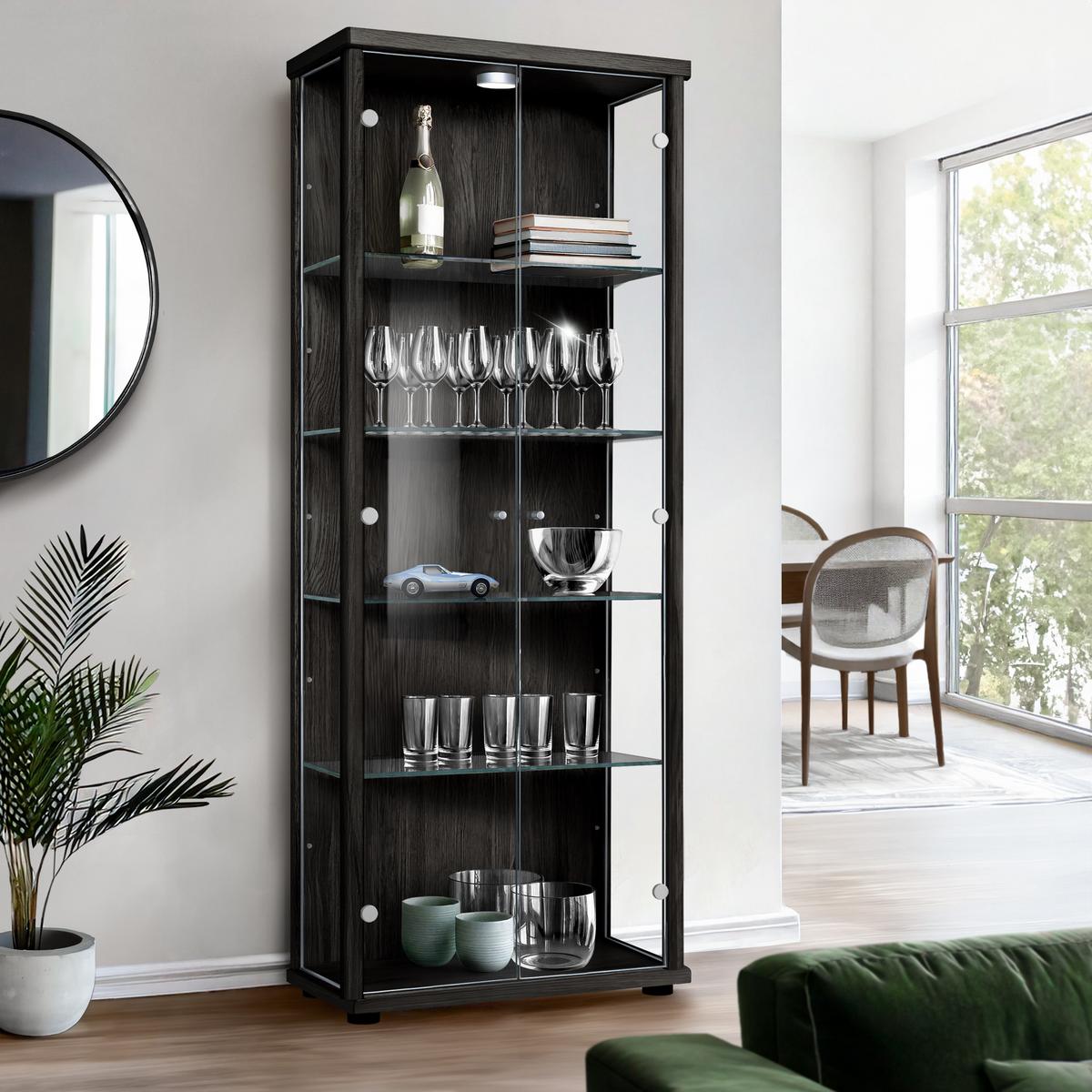 VITRINE 33/67/176 cm mit LED & 4 höhenverstellbaren Glasböden - Transparent/Silberfarben, Glas/Holzwerkstoff (67/176/33cm) - K-Möbel