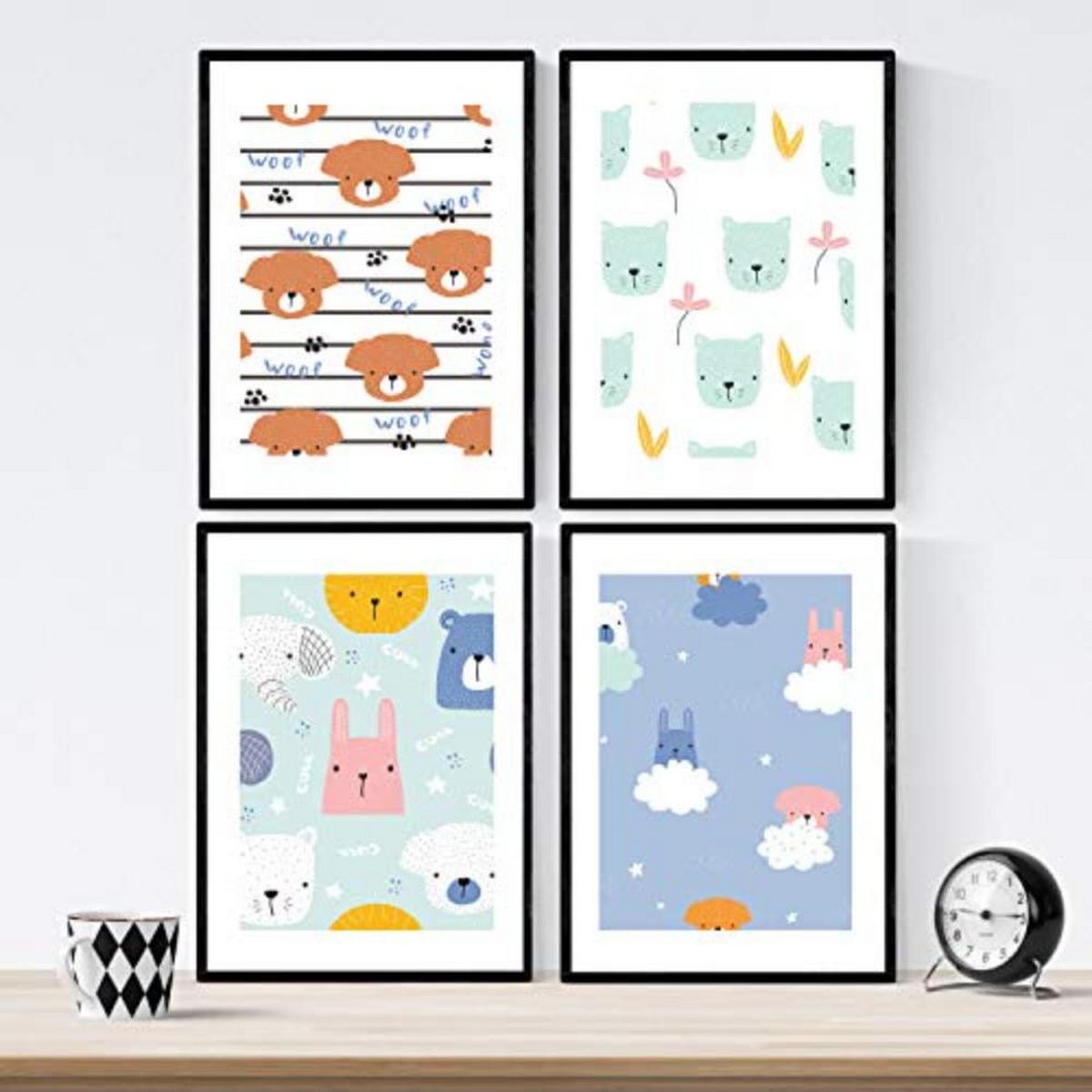 POSTER Set mit 4 tierischem A3 Schwarzer Rahmen - Schwarz, Papier (29.7/3cm) - Nacnic
