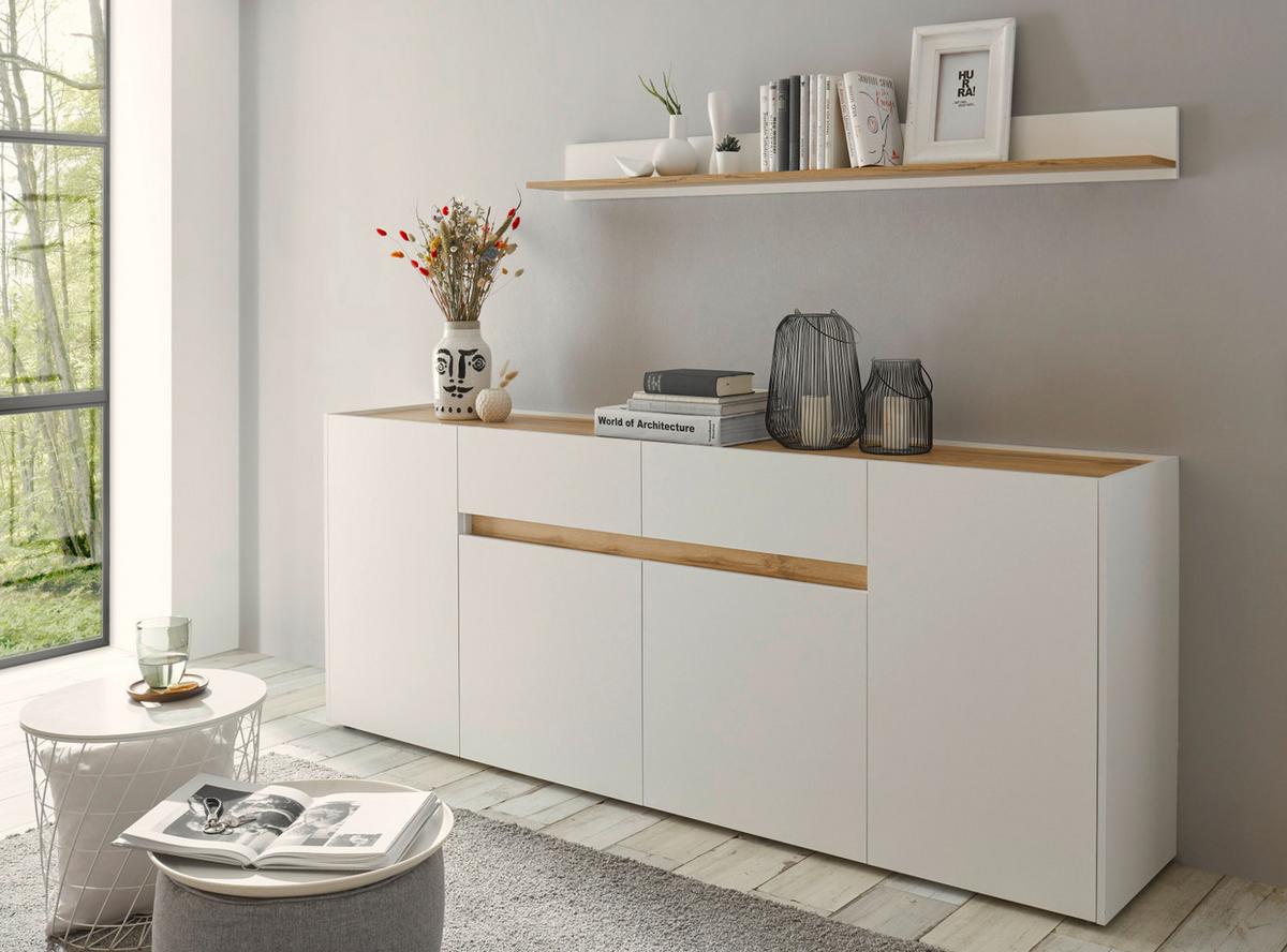 SIDEBOARD weiß, Eiche Wotan 220 cm, Kommode mit 8 Fächern - Eiche Wotan/Schwarz, Holz/Holzwerkstoff (220/87/40cm) - Furn.Design