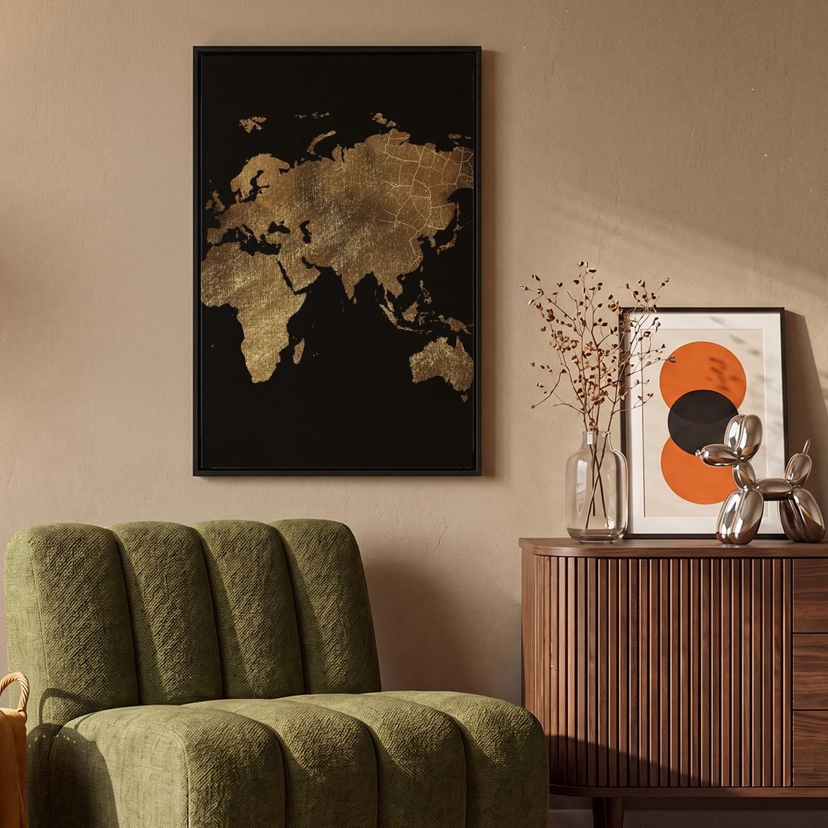 LEINWAND Bilder mit Rahmen - Weltkarte - Gold - Luxus - Erde - Schwarz - 60x90 - Goldfarben, Textil (60/90cm) - MuchoWow