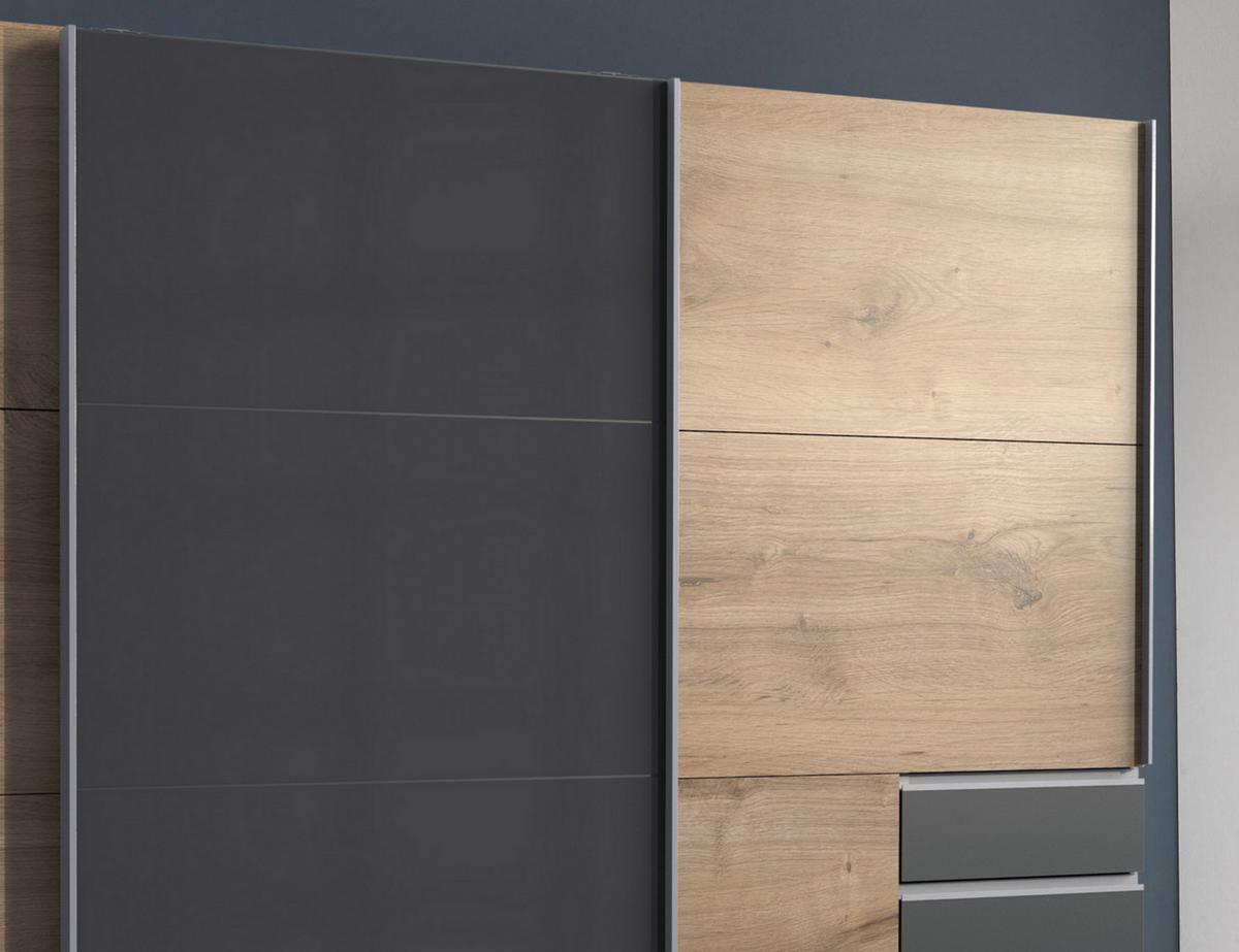 SCHWEBETÜRENSCHRANK 3-türig B270/H208/64 cm, Eiche Dekor, Mitteltür Glas Grau, Kleiderschrank mit Schubladen in Grafit & Vollausstattung / 22611 - Eichefarben/Alufarben, Holzwerkstoff/Metall (270/208/64cm) - luma-home
