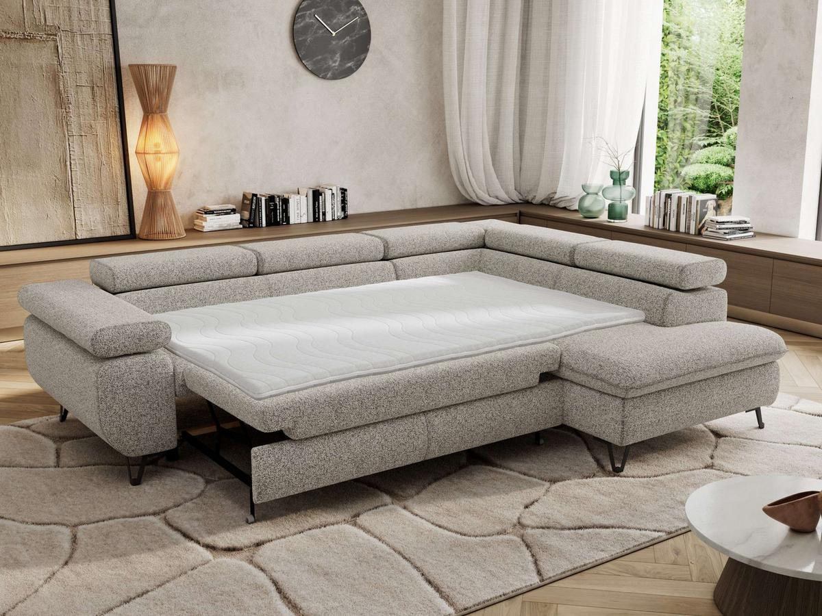 ECKSOFA PABLO L Hellgrau Struktur - Rechts Seite - Hellgrau/Schwarz, Textil/Metall (273/208cm) - MKS