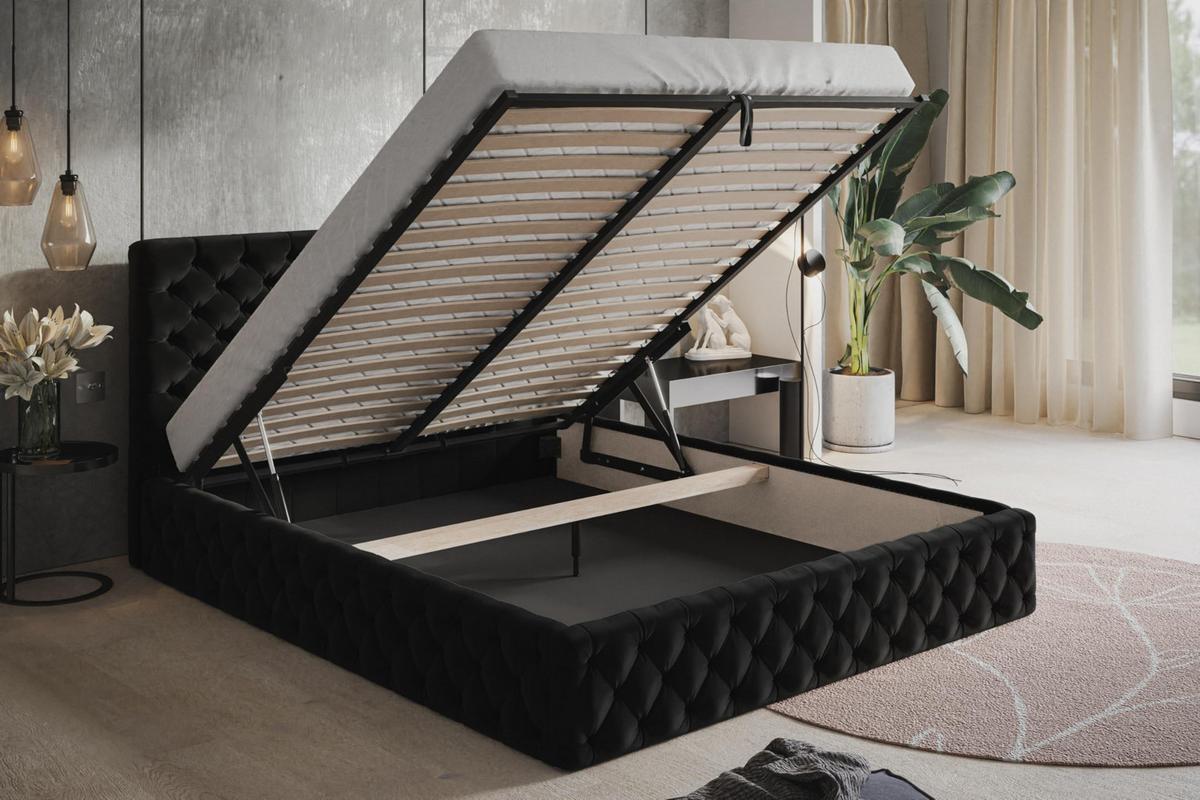 BETT 180x200 - Polsterbett mit Bettkasten und Metallrahmen - Elegant Betten - Weicher Jasminstoff - Kollektion Miami, Schwarz - Schwarz, Holz/Textil (180/200cm) - Alpi-Möbel