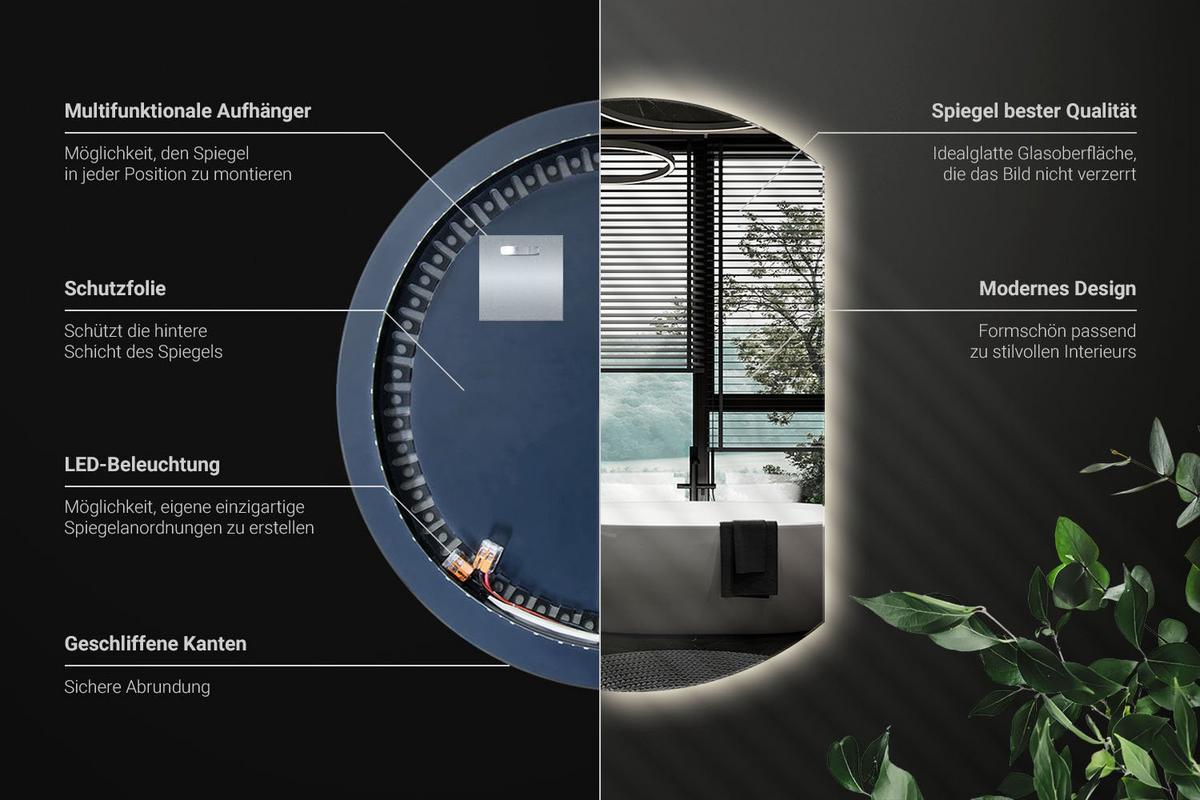 LED SPIEGEL 63 cm x 70 cm Asymmetrische Form Neutralweiß 4000 K - Transparent, Glas (63/70/0.4cm) - Wallfluent