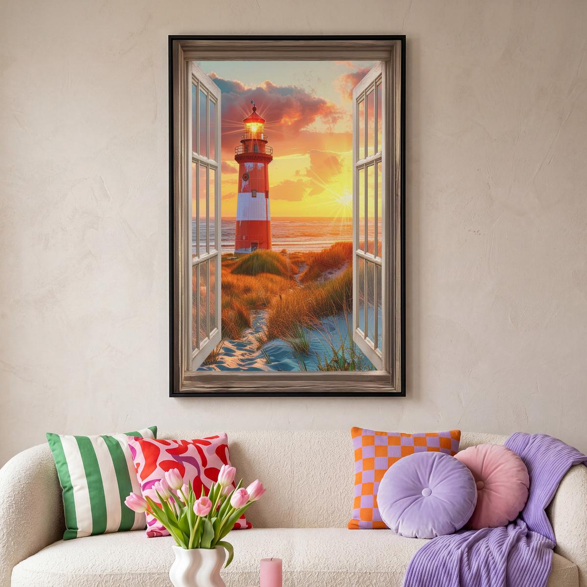 LEINWAND Bilder mit Rahmen - Aussicht - Fenster - Leuchtturm - Sonnenuntergang - Strand - 90x140 - Dunkelorange, Textil (90/140cm) - MuchoWow