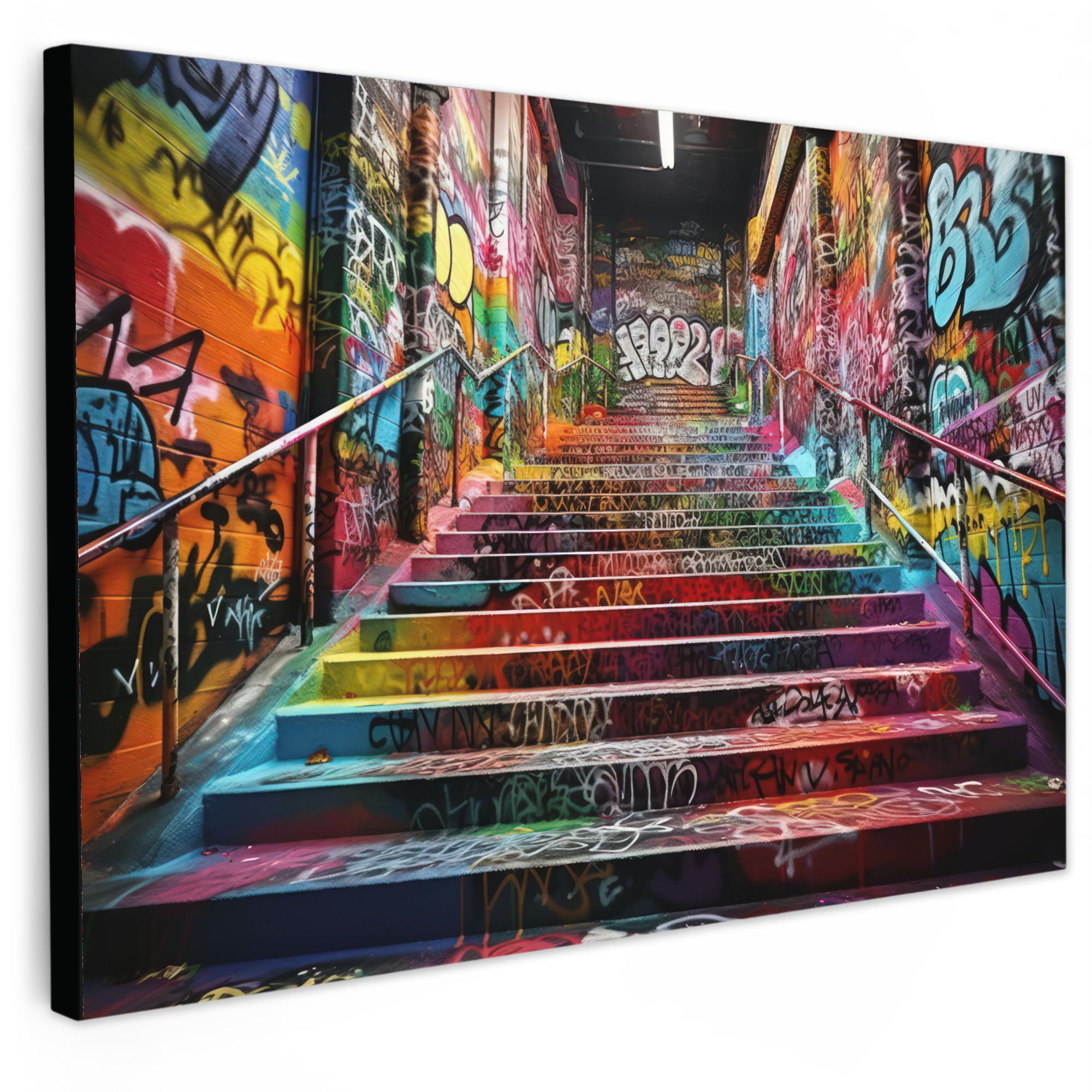 LEINWANDBILD Treppe - Graffiti - Farben - Kunst Deko Schlafzimmer 30x20 cm - Multicolor, Textil (30/20cm) - MuchoWow