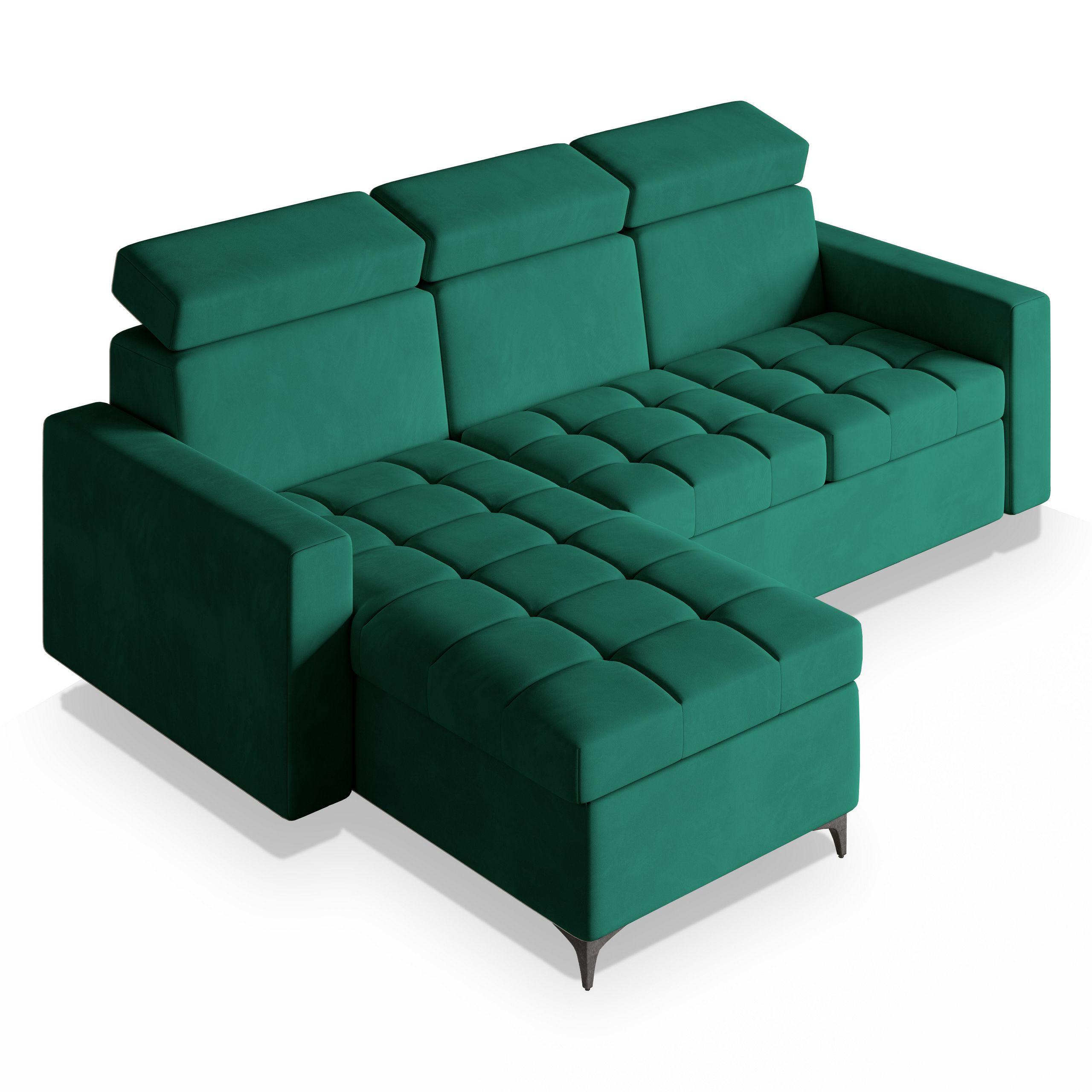 ECKSOFA KAME Grün Plüsch-Stoff mit Schlaffunktion - Schwarz/Grün, Holz/Textil (227/168cm) - MASSENO