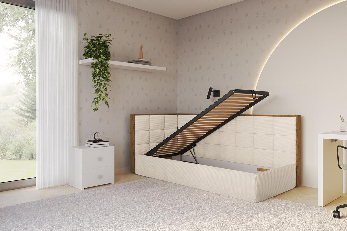 EINZELLBETT Jugendbett mit Bettkasten, Rechts - SOVY 90x200 Beige - Kaschmir, Holzwerkstoff/Textil (90/200cm) - ALTDECOR