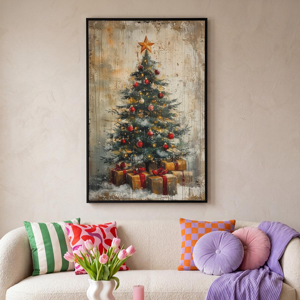 LEINWAND Bilder mit Rahmen - Weihnachtsbaum - Vintage - Weihnachten - Geschenk - 90x140 - Rostfarben, Textil (90/140cm) - MuchoWow