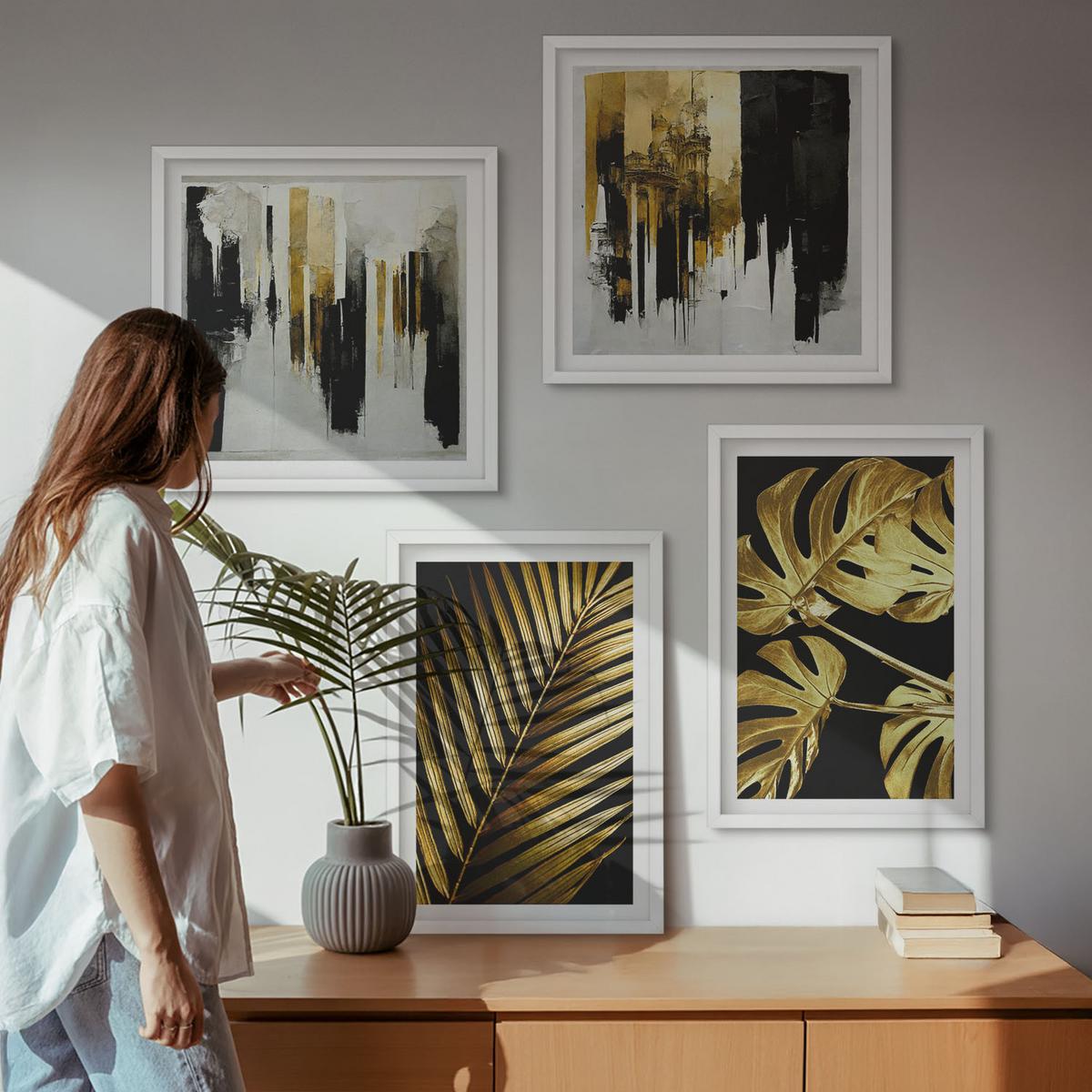 BILDER SET 4er Set - 50x50 cm & 40x60 cm Weißer Rahmen - Abstrakte Monstera-Palmenblätter - Weiß, Kunststoff (50/50cm) - TULUP