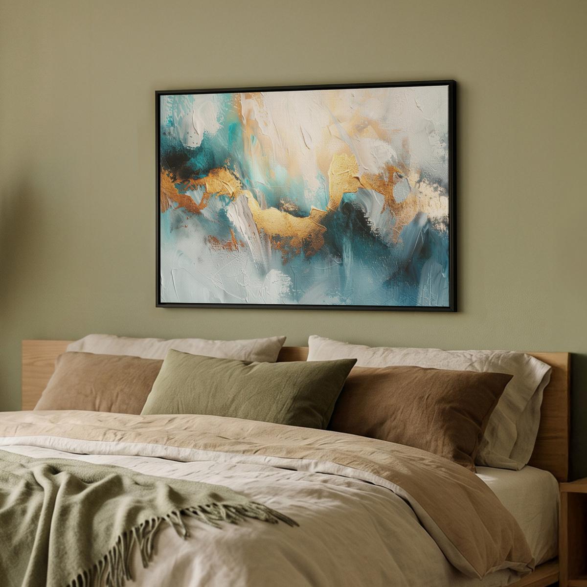 LEINWAND Bilder mit Rahmen - Abstrakt - Kunst - Gold - Blau - 80x60 - Petrol, Textil (80/60cm) - MuchoWow