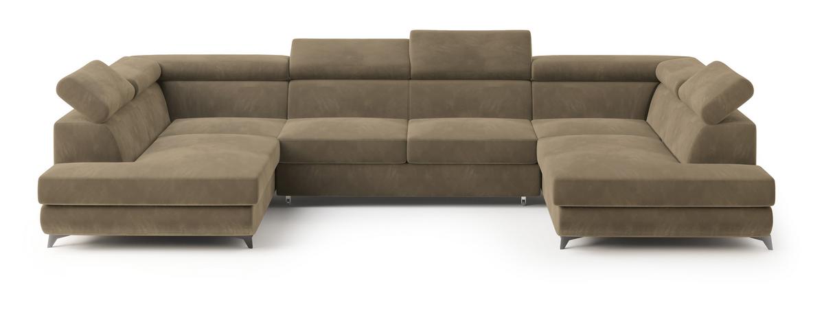 WOHNLANDSCHAFT VINTESSA Beige Velours-Stoff mit Schlaffunktion - Beige, Holz (323/89/190cm) - MASSENO