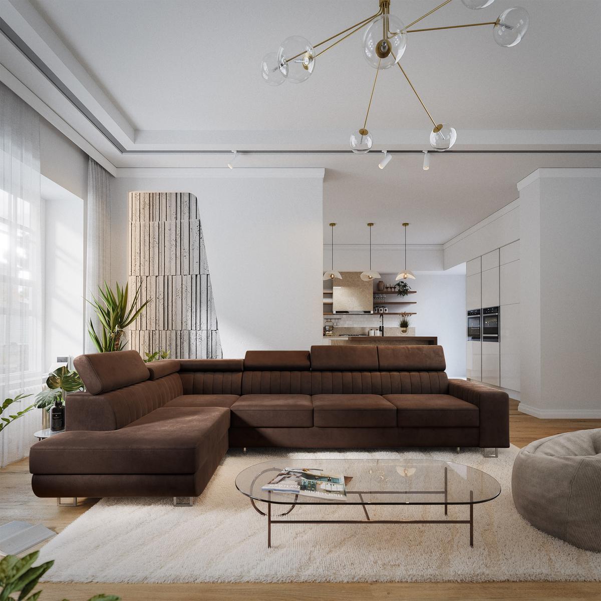 ECKSOFA HESTION Braun Velours-Stoff mit Schlaffunktion - Braun, Holz (332/190cm) - MASSENO