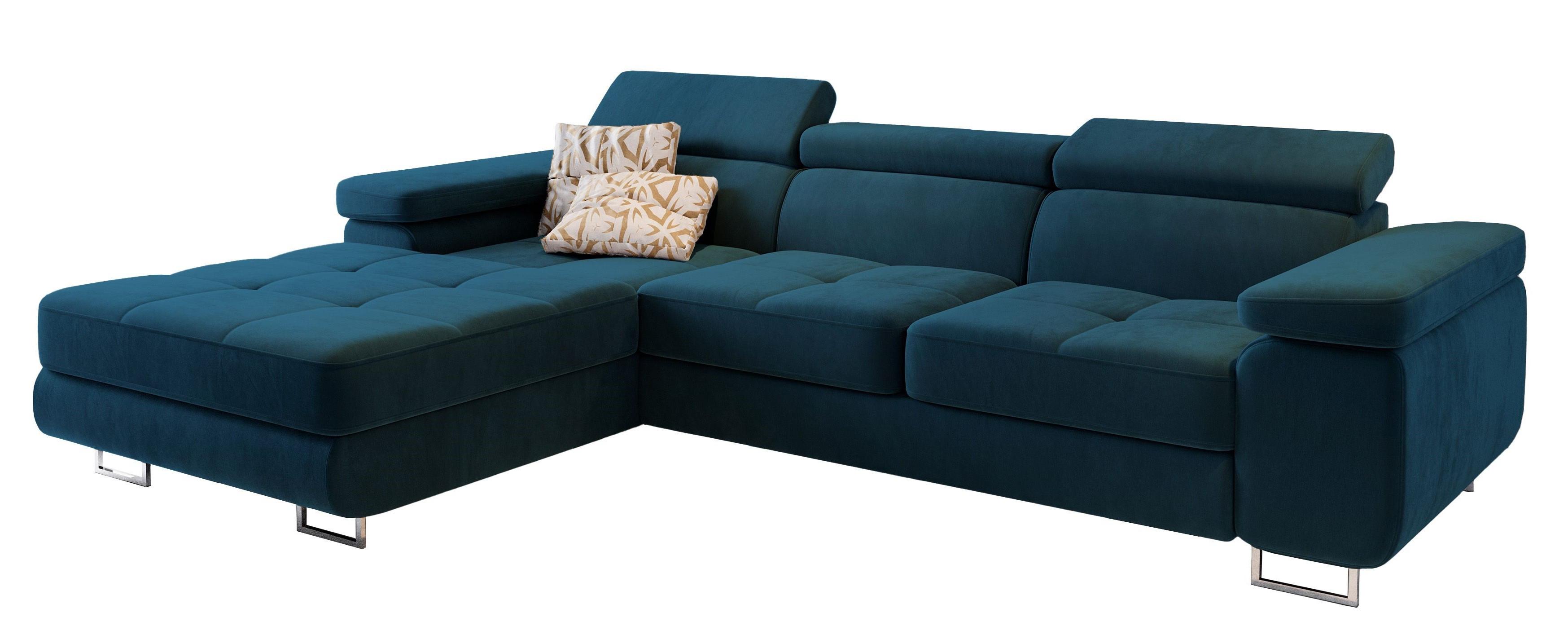 ECKSOFA ELMA L-S Blau Velours-Stoff mit Schlaffunktion - Blau/Silberfarben, Holz/Textil (280/205cm) - MASSENO