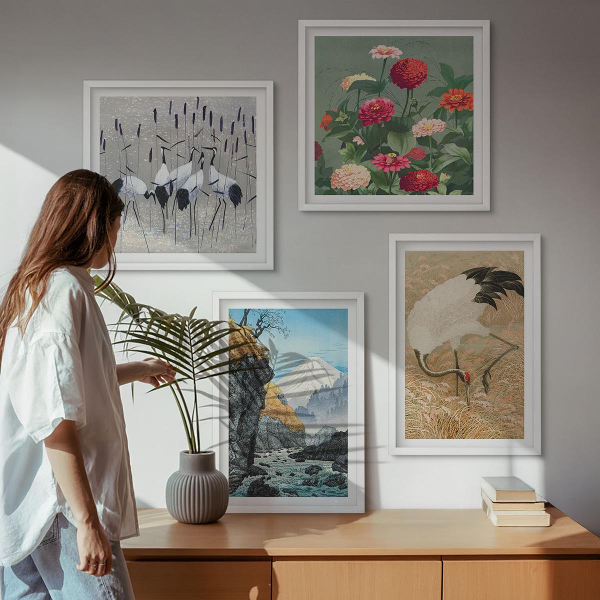BILDER SET 4er Set - 50x50 cm & 40x60 cm Weißer Rahmen - Berge, Fluss, Blumen, Kraniche - Weiß, Kunststoff (50/50cm) - TULUP