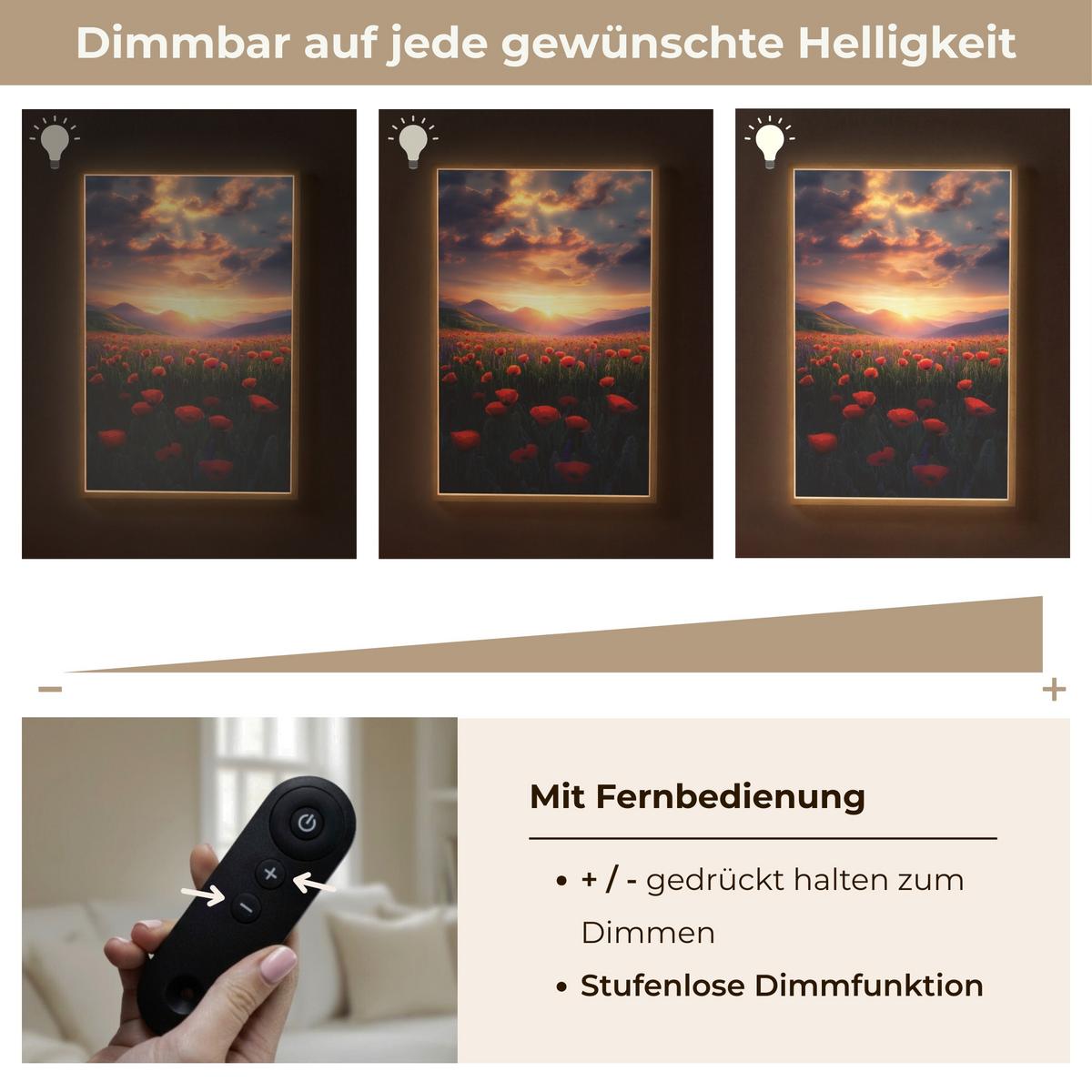 WANDLEUCHTE MIT AKKU Landschaft - Sonnenuntergang - Blumenfeld 60x90 cm - Rot, Holzwerkstoff (60/90/8cm) - OnlyWow