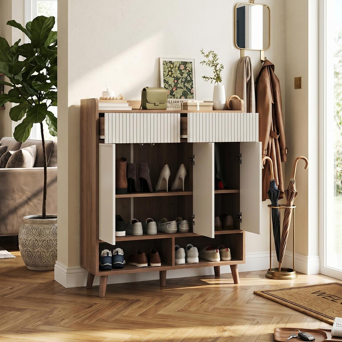 SCHUHSCHRANK weiß & holzoptik, 3 türen & 2 schubladen mit rillendesign - Naturfarben, Holzwerkstoff (90/100/35cm) - Urban Meuble