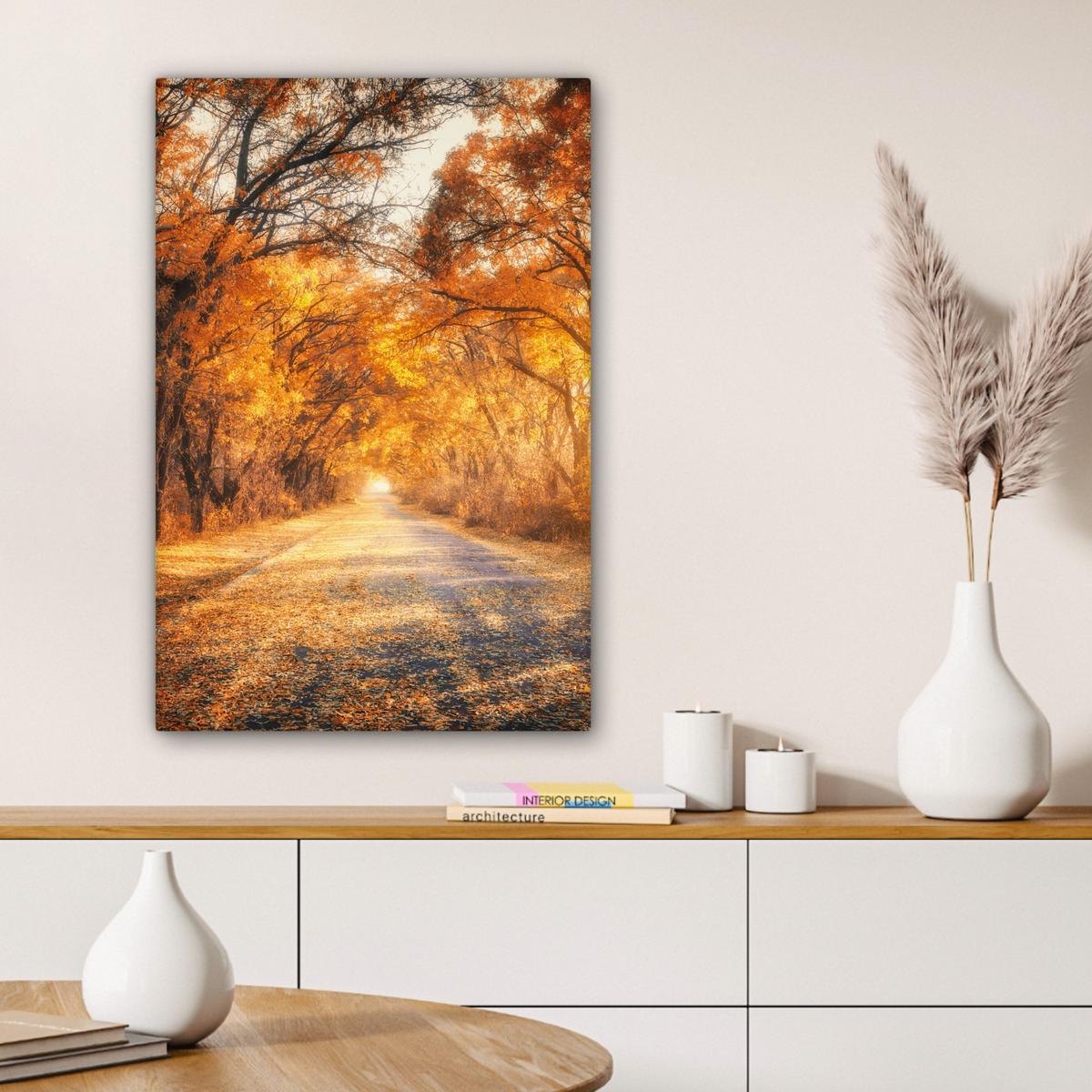 LEINWANDBILD Wald - Herbst - Bäume - Waldweg - Natur Wanddeko 40x60 cm - Bernsteinfarben, Textil (40/60cm) - MuchoWow