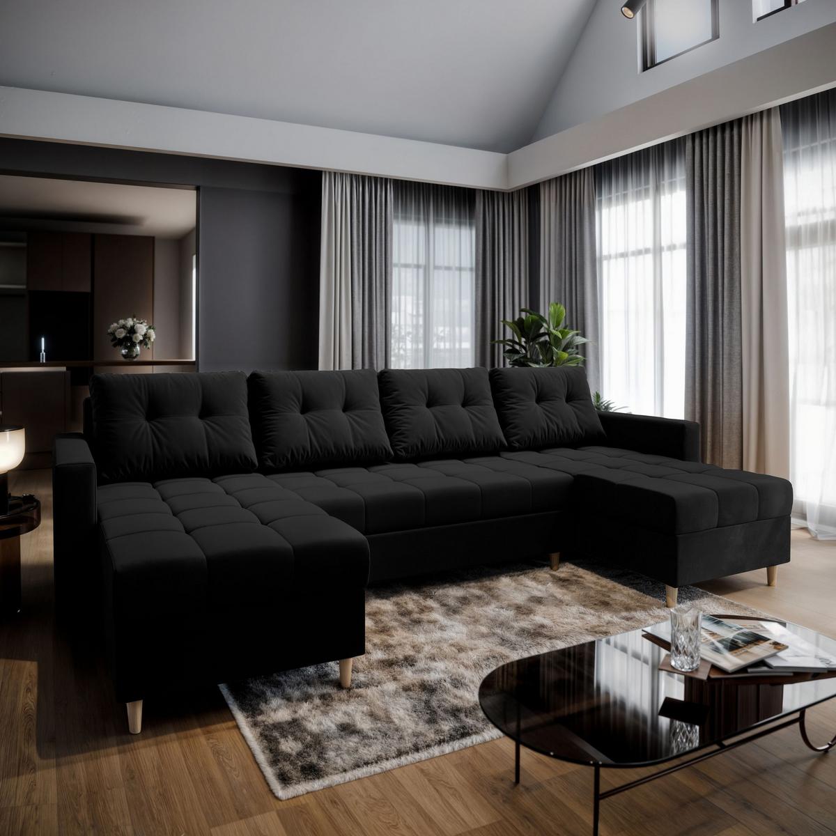 WOHNLANDSCHAFT MILO U Schwarz Plüsch-Stoff mit Schlaffunktion - Schwarz/Braun, Holz/Textil (285/91/140cm) - MASSENO