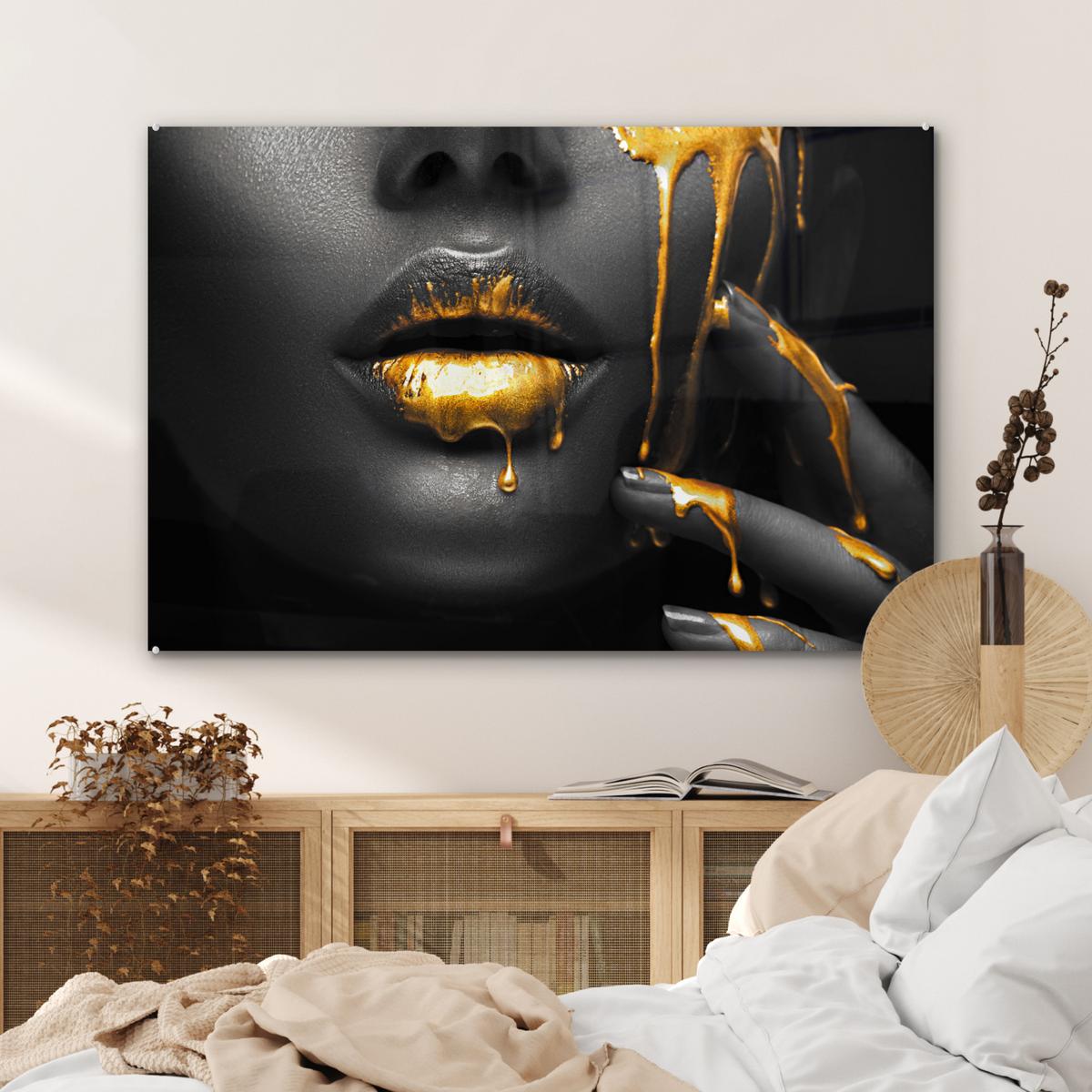 ACRYLGLASBILD Frau - Schwarz - Gold - Gesicht - Lippen Room Decor 90x60 cm - Goldfarben, Glas (90/60cm) - MuchoWow