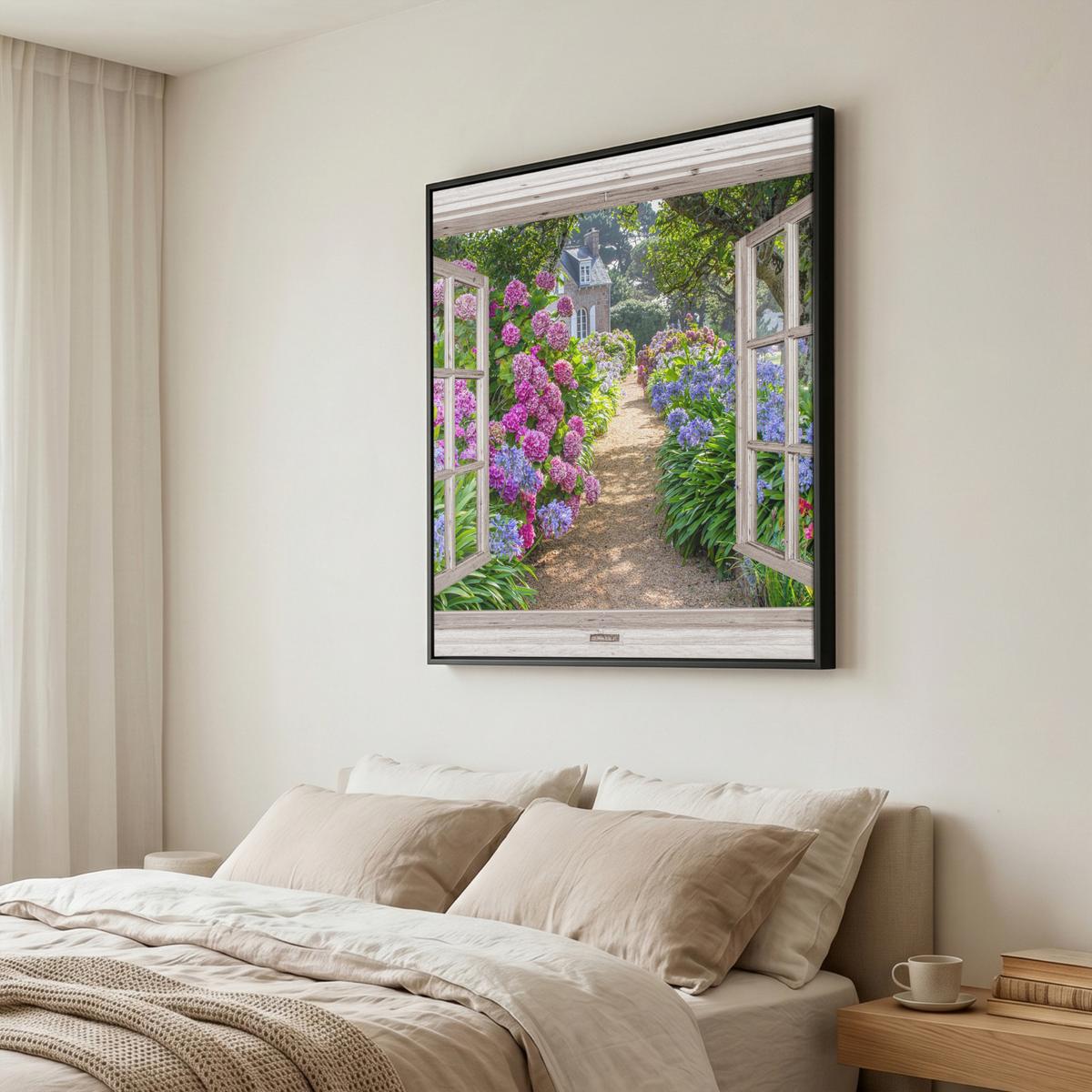LEINWAND Bilder mit Rahmen - Hortensie - Durchsichtig - Blumen - Sommer - Lila - Weg - 90x90 - Lila, Textil (90/90cm) - MuchoWow