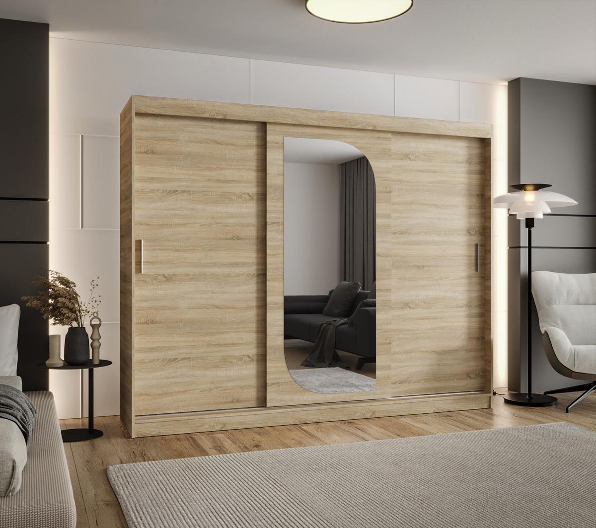 SCHIEBETÜRENSCHRANK mit Spiegel LUCY 200/250/62 3-türig - Silberfarben/Sonoma Eiche, Holz (250/200/62cm) - MÖBEL KRYSPOL
