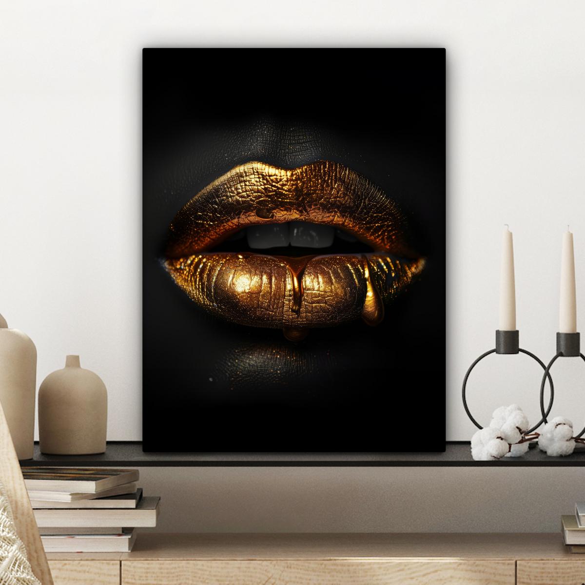 LEINWANDBILD Frau - Porträt - Lippen - Gold - Schwarz Room Decor 30x40 cm - Schwarz, Textil (30/40cm) - MuchoWow
