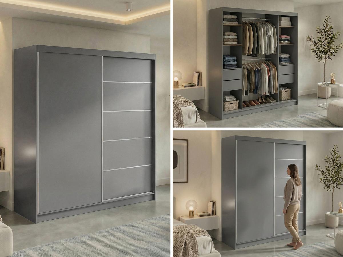 SCHWEBETÜRENSCHRANK mit Schubladen 200 - MACEDONIA - Grau - Alufarben/Grau, Holzwerkstoff/Metall (200/216/61cm) - MKS