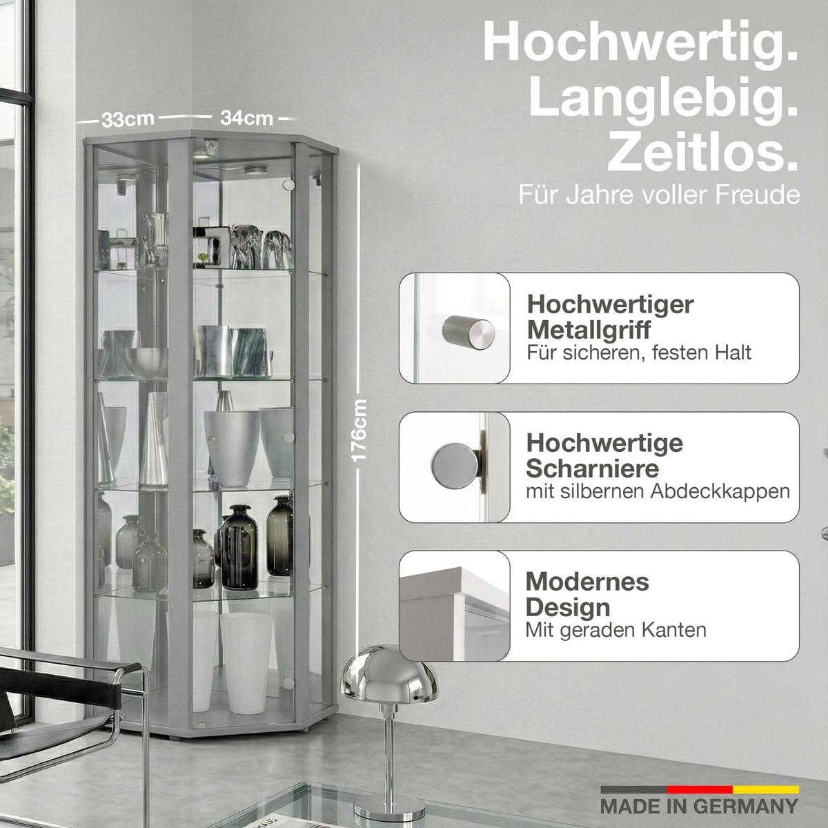 ECKVITRINE 56,5/56,5/176 cm mit Spiegel, LED & Schloss - Transparent/Silberfarben, Glas/Holzwerkstoff (56.5/176/56.5cm) - K-Möbel