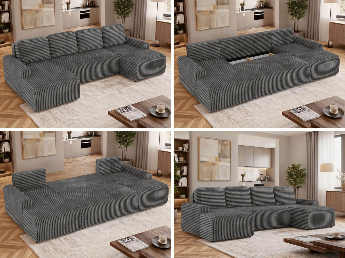 WOHNLANDSCHAFT NESSARO U Grau Cord - Schwarz/Grau, Kunststoff/Textil (312/92/151cm) - MKS