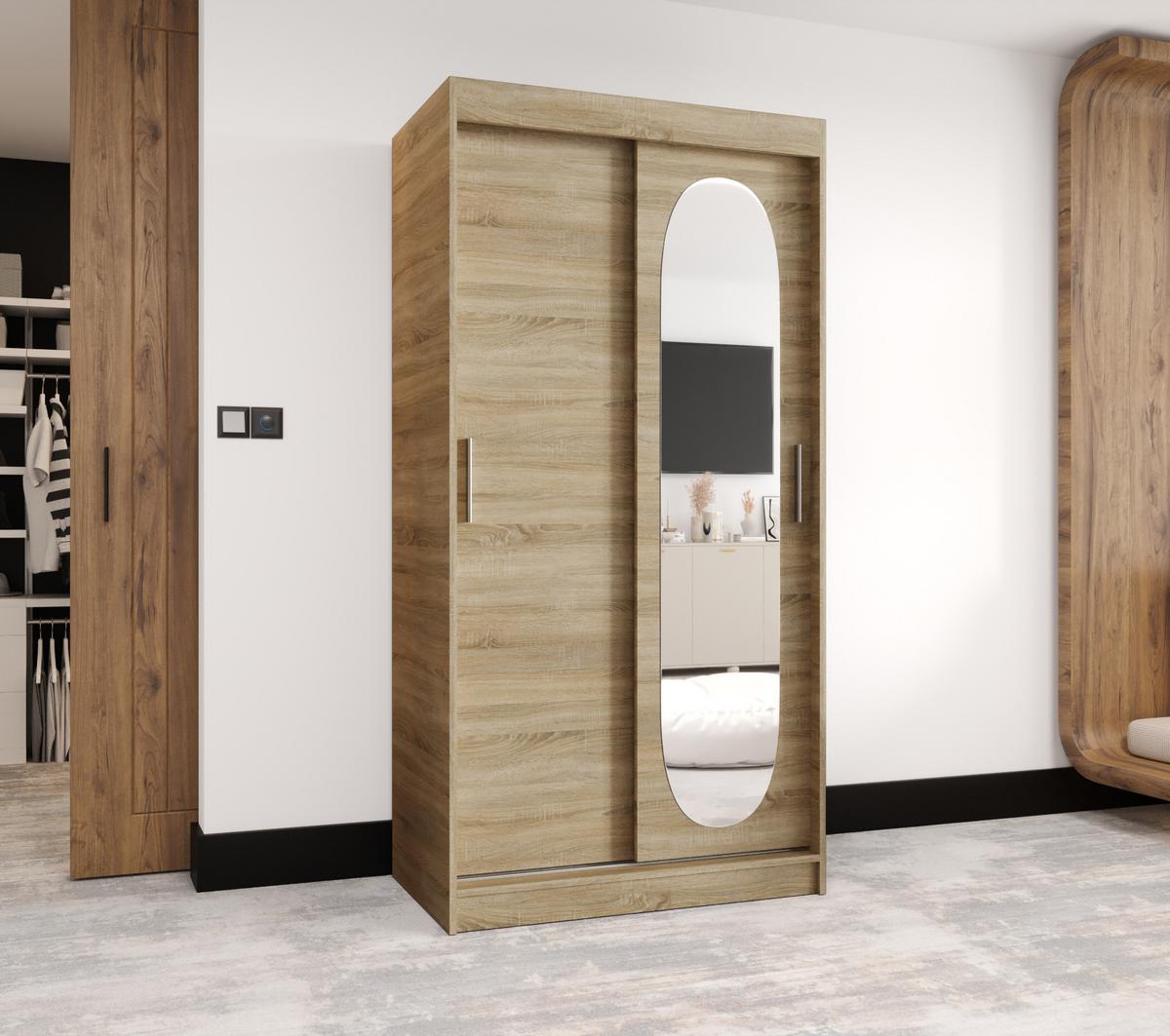 SCHIEBETÜRENSCHRANK mit Spiegel ROYAL 200/100/62 2-türig - Silberfarben/Sonoma Eiche, Holz (100/62/100cm) - MÖBEL KRYSPOL