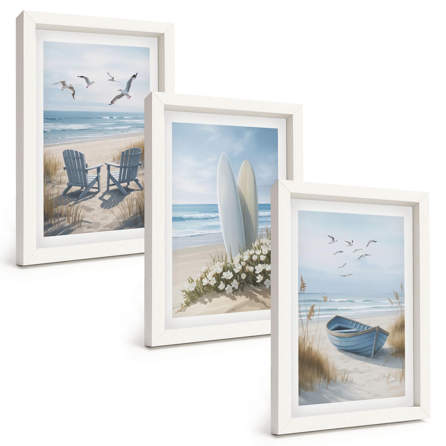 BILDER SET 3er Set - 20x30 cm Weißer Rahmen - Strand Surfbretter Vögel - Weiß, Kunststoff (20/30cm) - TULUP