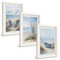 BILDER SET 3er Set - 20x30 cm Weißer Rahmen - Strand Surfbretter Vögel - Weiß, Kunststoff (20/30cm) - TULUP
