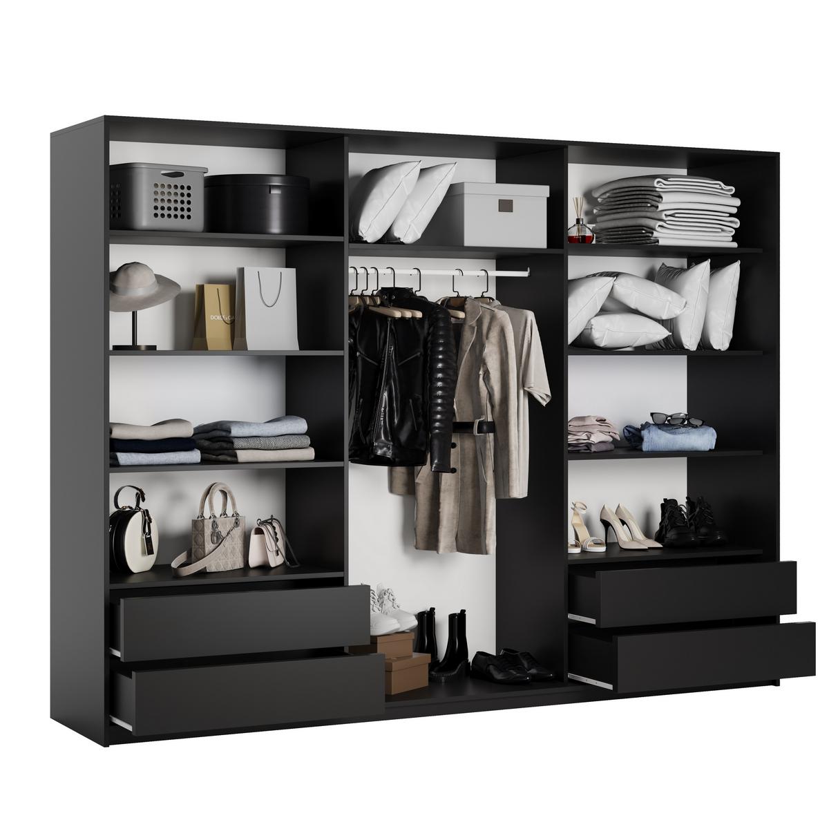 SCHWEBETÜRENSCHRANK RIEN 270/205/60 cm 3-türig mit Spiegel Schwarz - Schwarz, Holzwerkstoff (270/205/60cm) - MASSENO
