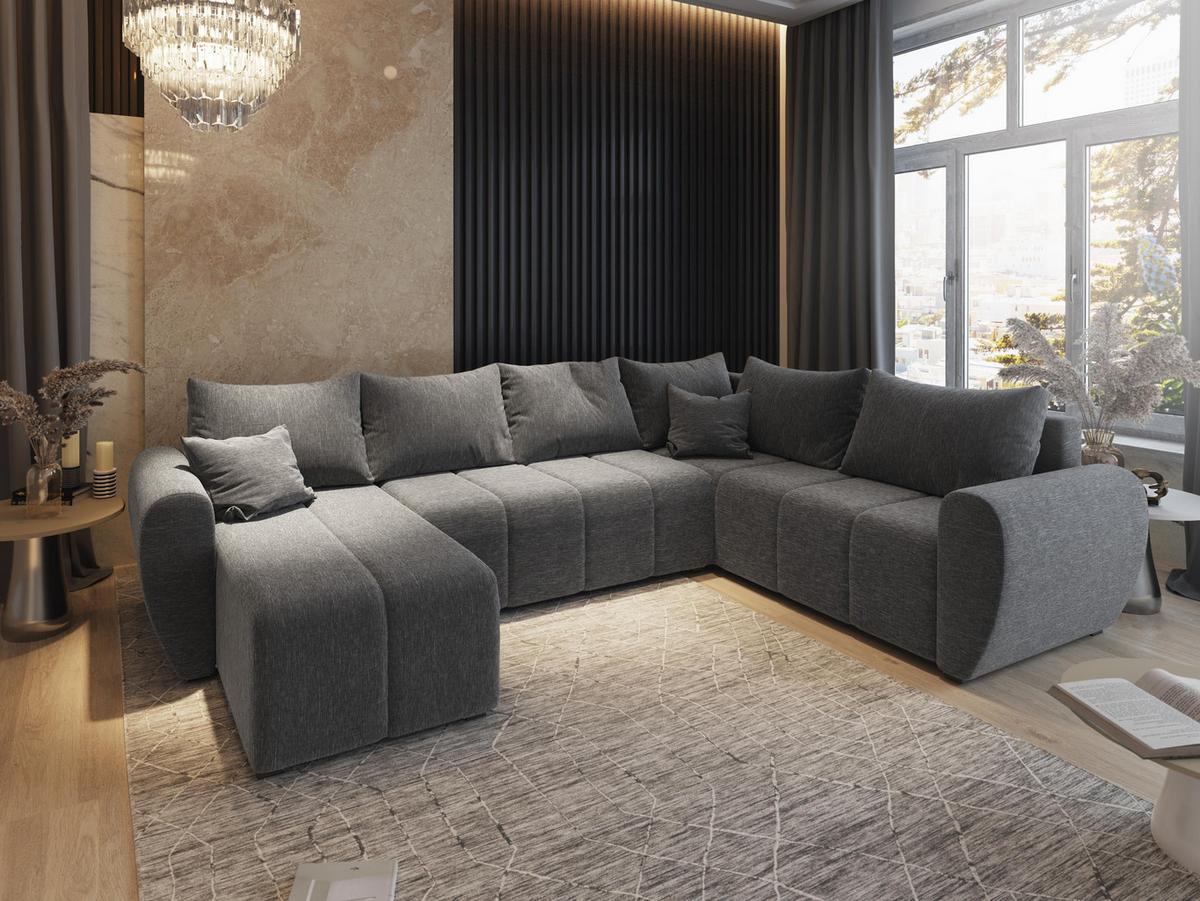 WOHNLANDSCHAFT MADISON XL R-S Hellgrau Dünner Stoff mit Schlaffunktion - Hellgrau/Schwarz, Holz/Kunststoff (303/82/208cm) - MASSENO