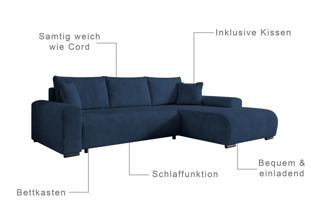 ECKSOFA Nelly mit Bettkasten und Schlaffunktion, Cordstoff in L-Form - Blau, Textil (270/185cm)