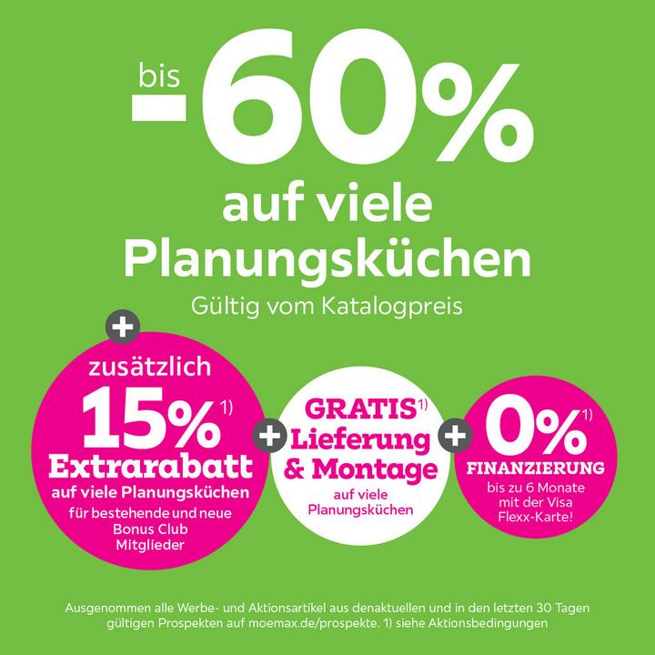 bis -60% auf viele Planungsküchen + 15% Extrarabatt für bestehende und neue Bonus Club Mitglieder + Gratis Lieferung und Montage auf viele Planungsküchen