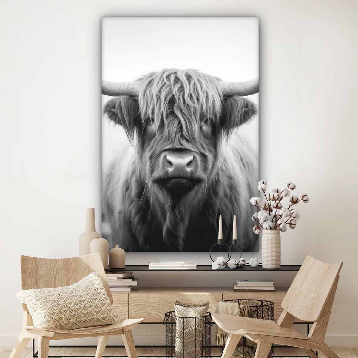LEINWANDBILD Schottischer Highlander - Nebel - Schwarz - Weiß Deko Groß 90x140 cm - Grau, Textil (90/140cm) - MuchoWow