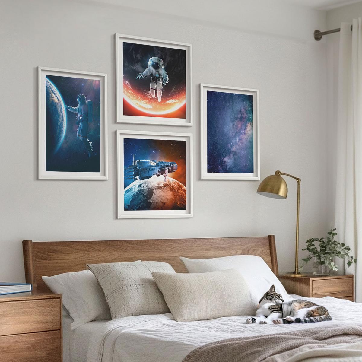 BILDER SET 4er Set - 50x50 cm & 40x60 cm Weißer Rahmen - Weltraum-Astronauten-Sterne - Weiß, Kunststoff (50/50cm) - TULUP