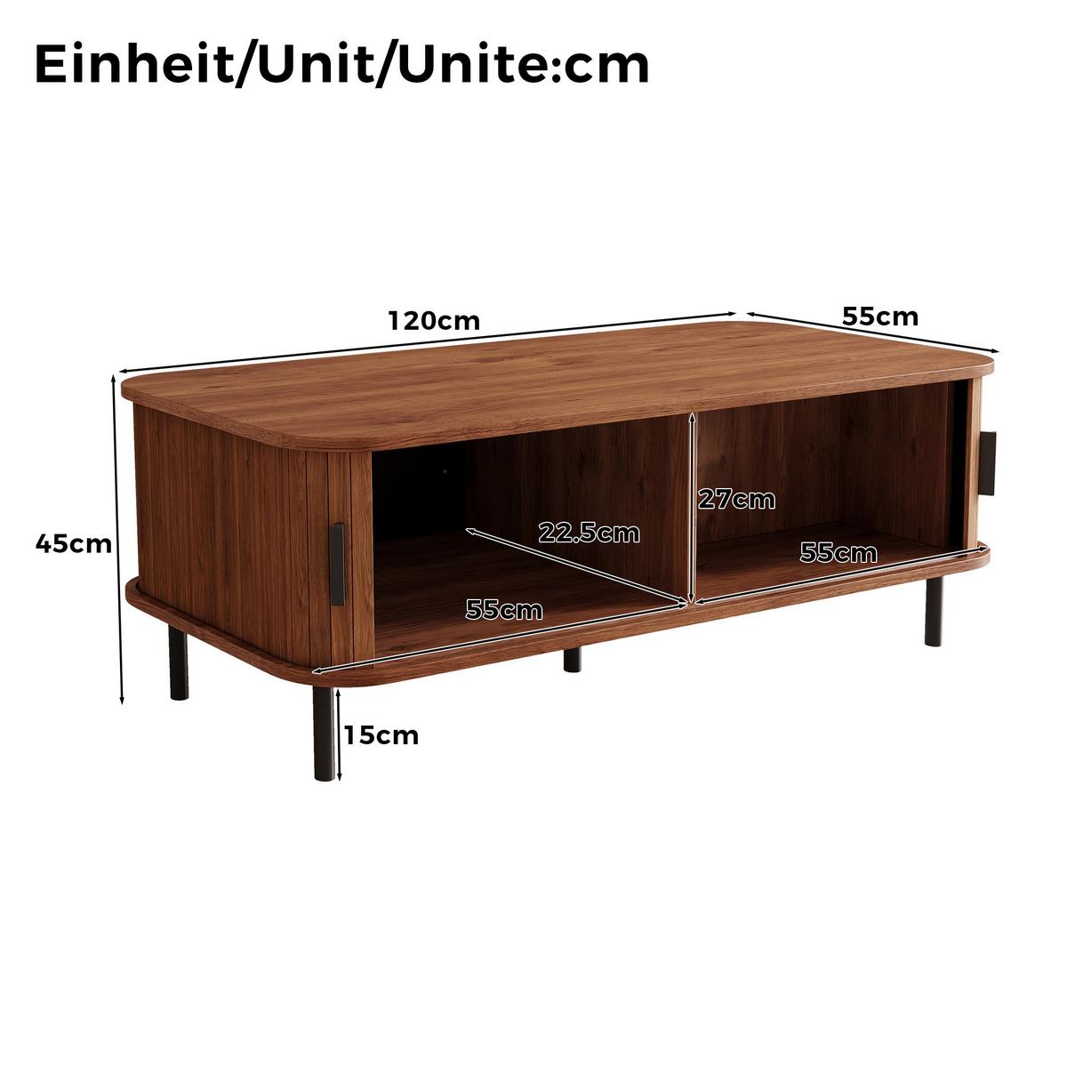 COUCHTISCH Nussbaum Rechteckig mit Schiebetüren Lamellenoptik & Stauraum - Walnussfarben, Holzwerkstoff (55/120/45cm) - Urban Meuble