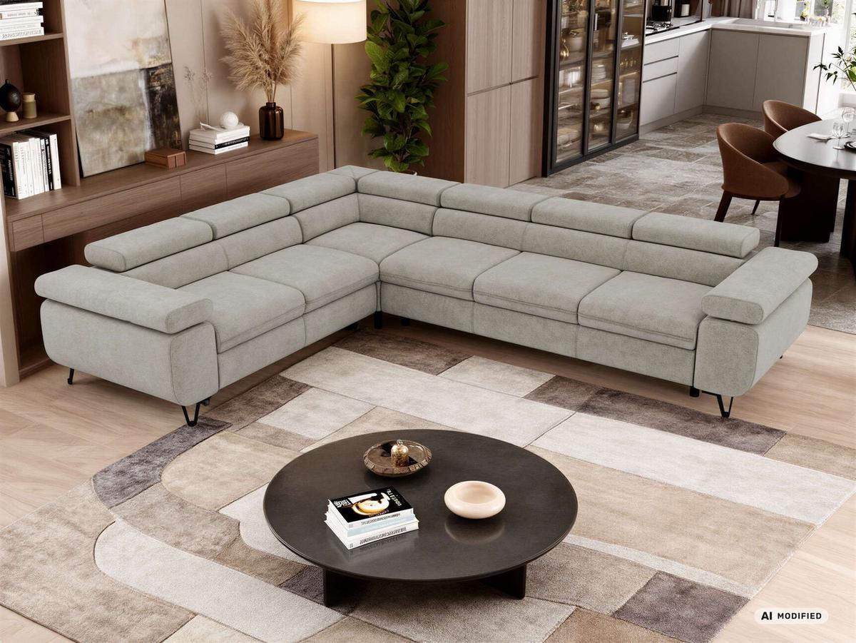 ECKSOFA NORDEN L - Hellgrau Stukture - Rechts Seite - Hellgrau/Schwarz, Textil/Metall (329/269cm) - MKS