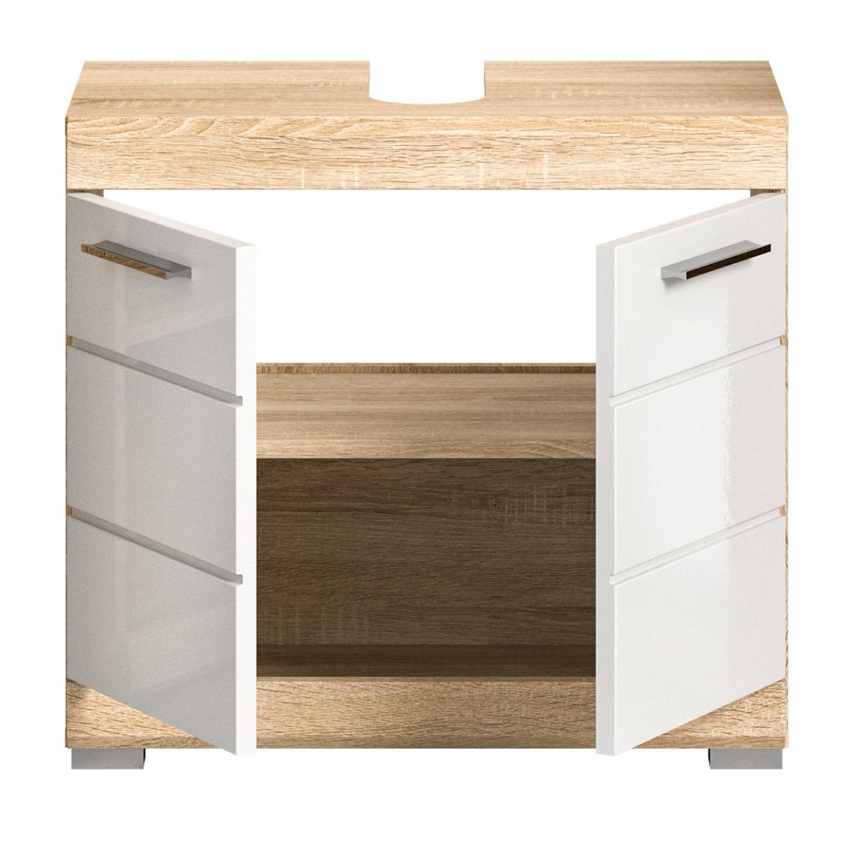 WASCHBECKENUNTERSCHRANK weiß Hochglanz und Sonoma Eiche, Bad Unterschrank 60 cm - Weiß Hochglanz/Eichefarben, Holzwerkstoff/Kunststoff (60/56/34cm) - Inn.Furn