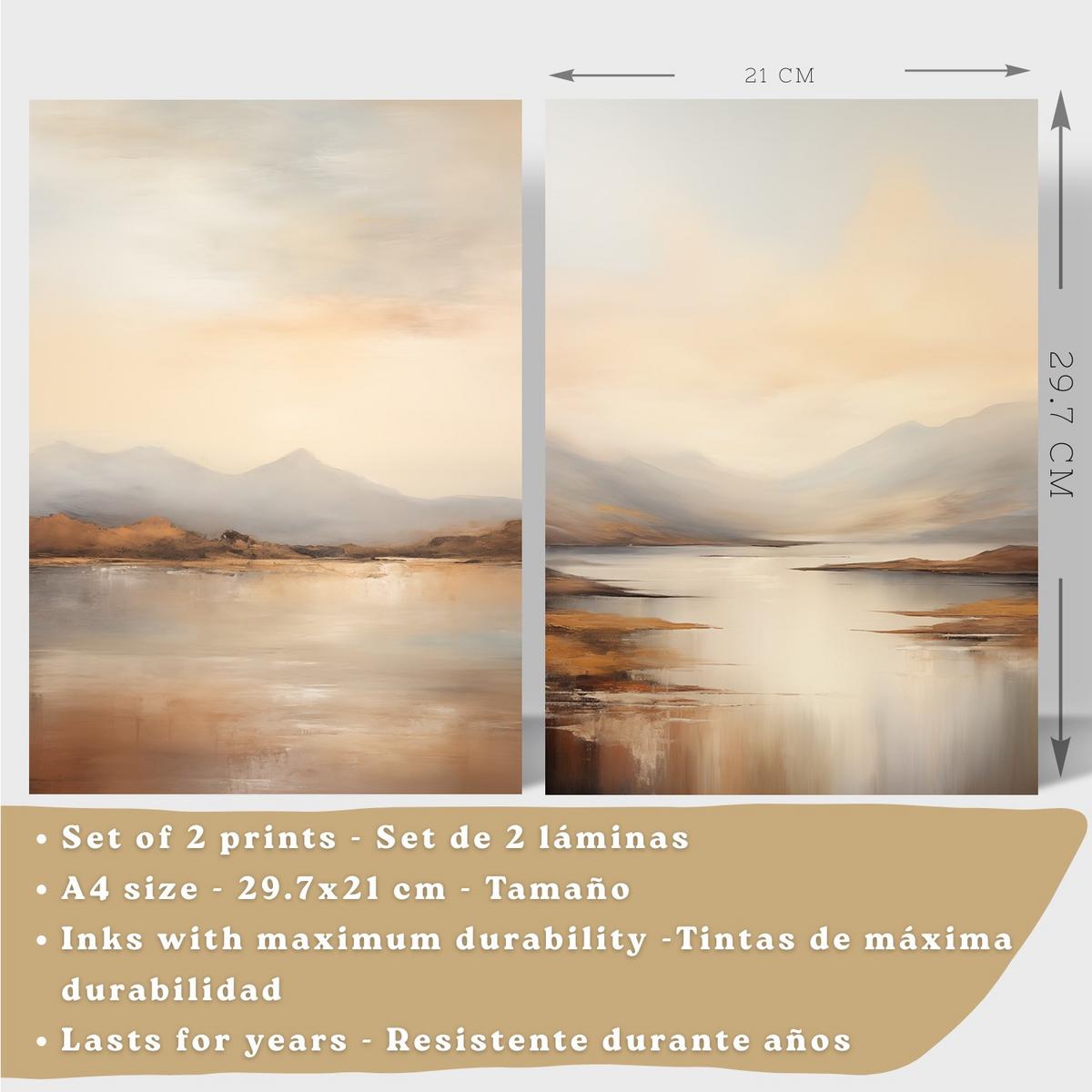 POSTER 2er-Set Wandbilder Sonnenaufgang modern Wohnzimmer Deko, Schlafzimmer, Küche, Badezimmer Leichter Holzrahmen A4 - Beige, Papier (29.7/1/21cm) - Nacnic