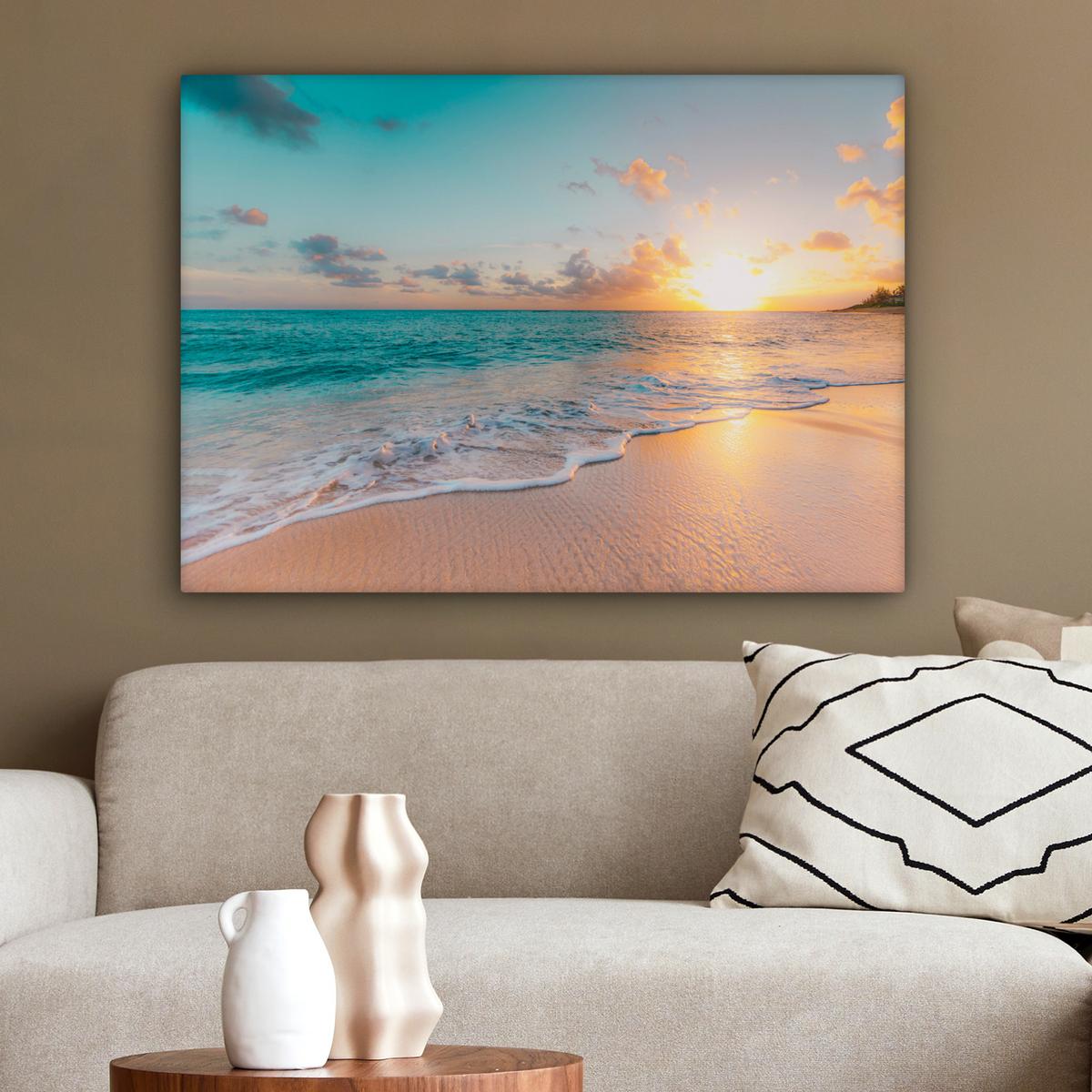 LEINWANDBILD Sonnenuntergang - Strand - Meer - Sommer - Blau Wandbilder 80x60 cm - Multicolor, Textil (80/60cm) - MuchoWow
