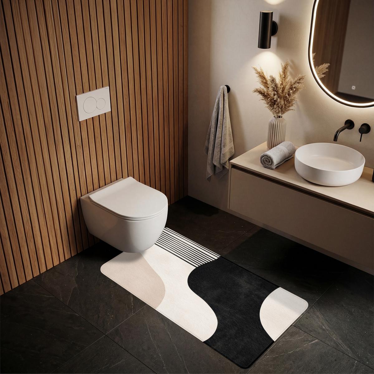 BADEMATTE Abstrakt - Japandi - Beige - Modern 60x120 cm - Beige/Schwarz, Textil (60/120cm) - OnlyWow