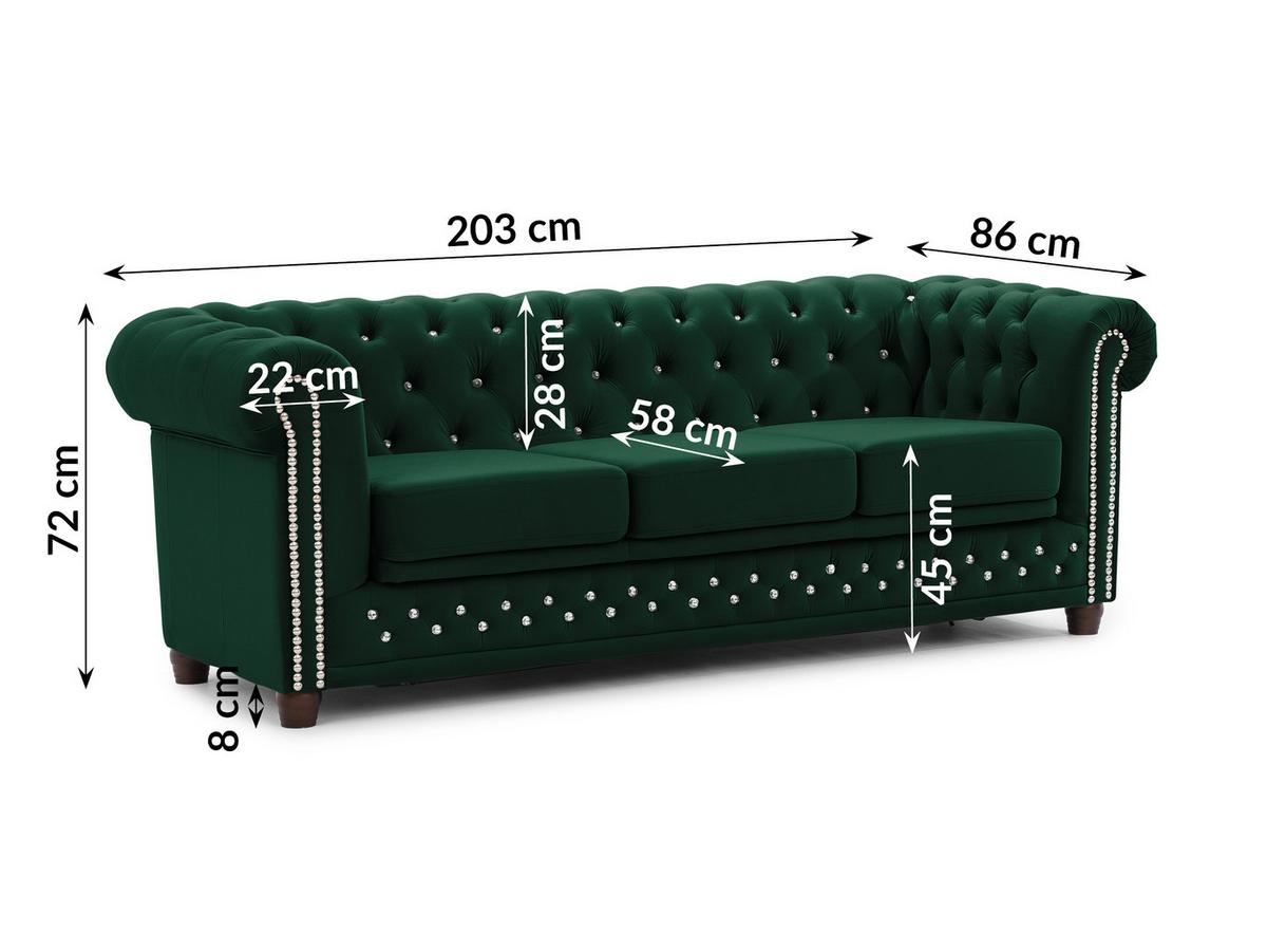 CHESTERFIELD-SOFA 3-Sitzer mit Schlaffunktion Cleo Blink Flasche Grün Samt mit Kristallsteppung und braunen Massivholzfüßen - Braun/Grün, Holz/Textil (203/72/86cm) - S-Style