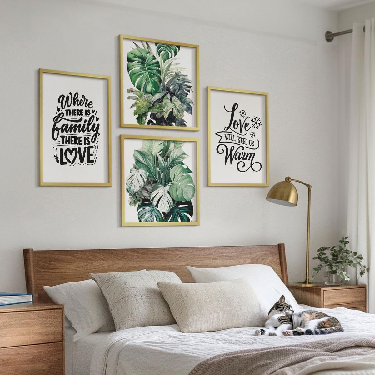 BILDER SET 4er Set - 50x50 cm & 40x60 cm Goldrahmen - Familie liebt Zuhause Aquarell - Goldfarben, Kunststoff (50/50cm) - TULUP