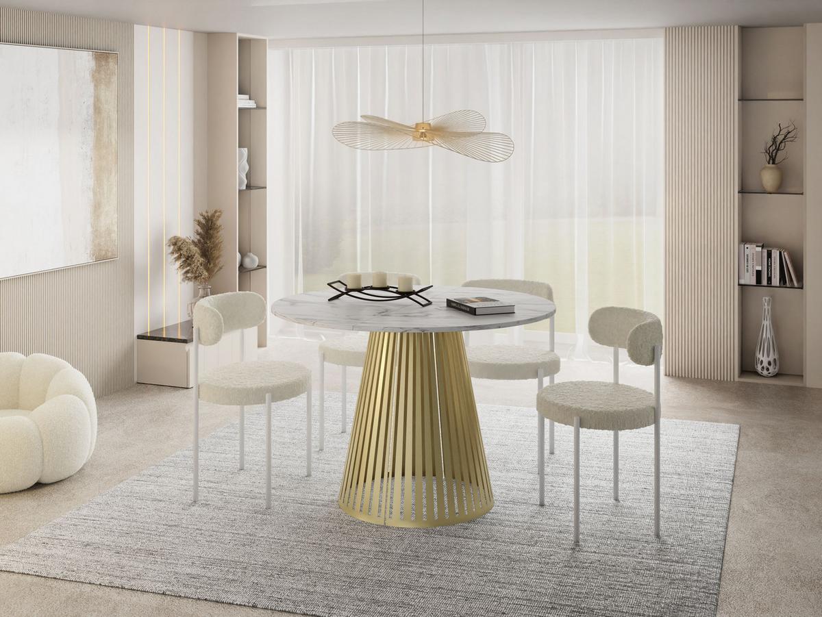 ESSTISCH Naro rund ausziehbar mit Goldenem Lamellen-Metallgestell, Marmor Weiß 120-200/120/76 cm - Ecru/Goldfarben, Holzwerkstoff/Metall (120/196/76cm) - WFL GROUP