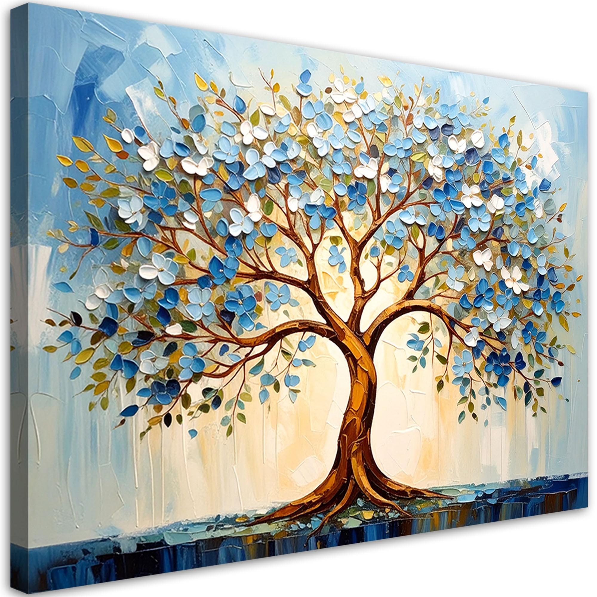 LEINWANDBILD 3D Blauer Baum des Lebens Blumen Abstraktion 90x60cm - Blau, Textil (90/60cm) - Feeby